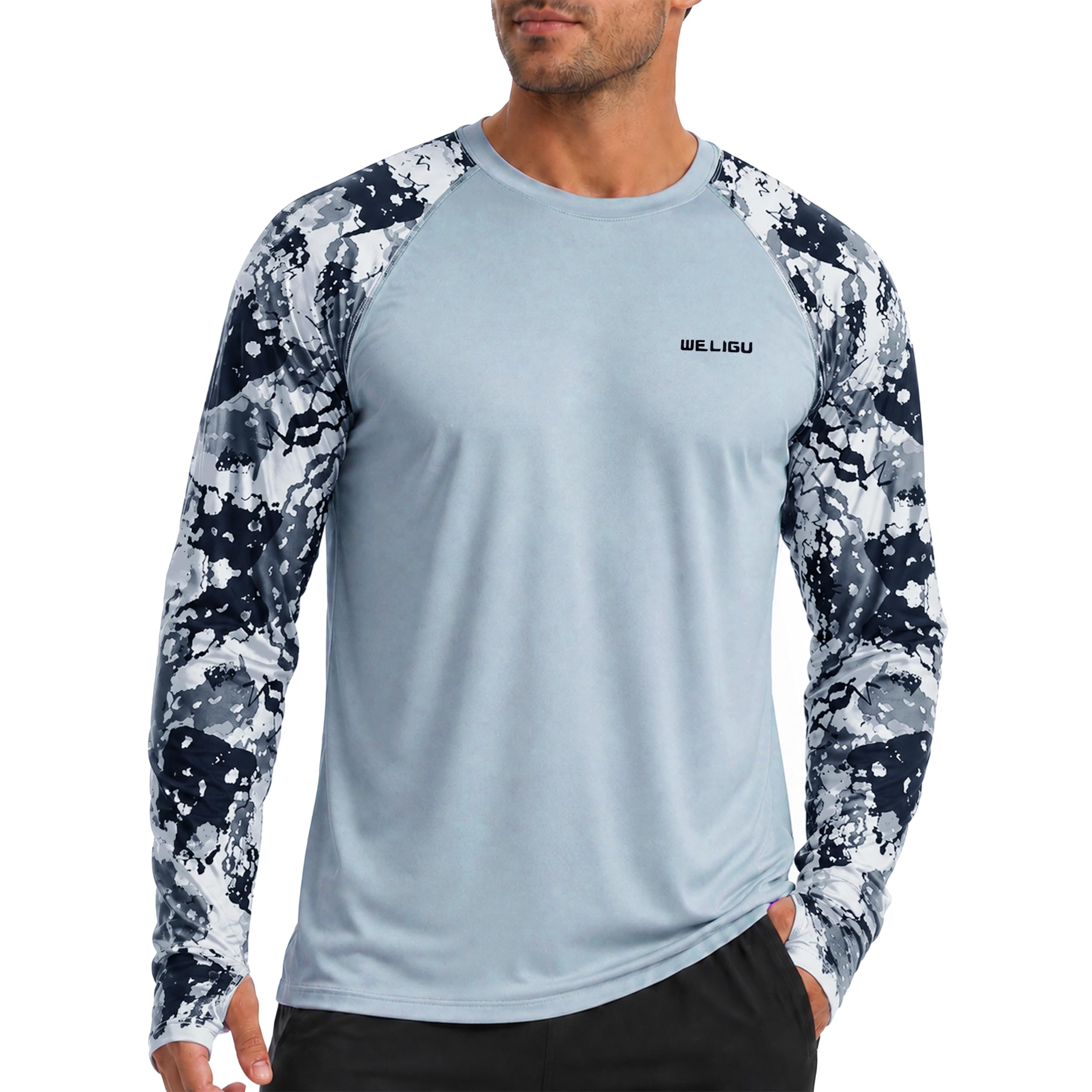 WELIGU Men's Swim UPF 50+ Sun Protection Shirt Long Sleeve SPF Fishing Outdoor UV Hiking Lightweight Shirts
