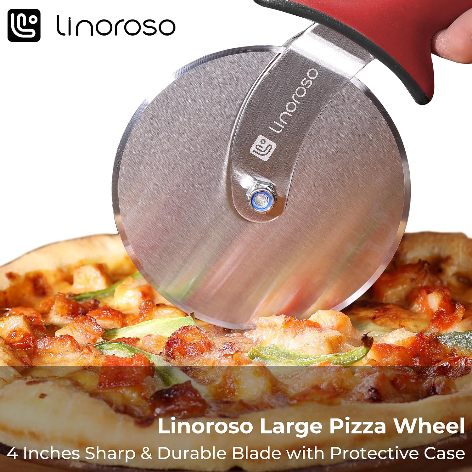 Linoroso Pizza Cutter Wheel, Durable Stainless Steel 4-Inch Pizza Wheel Cutter with Comfortable Safety Handle, Pizza Slicer Wheel for Cutting Through Pizza, Crust, Pie, Brownie, Flatbread, Red