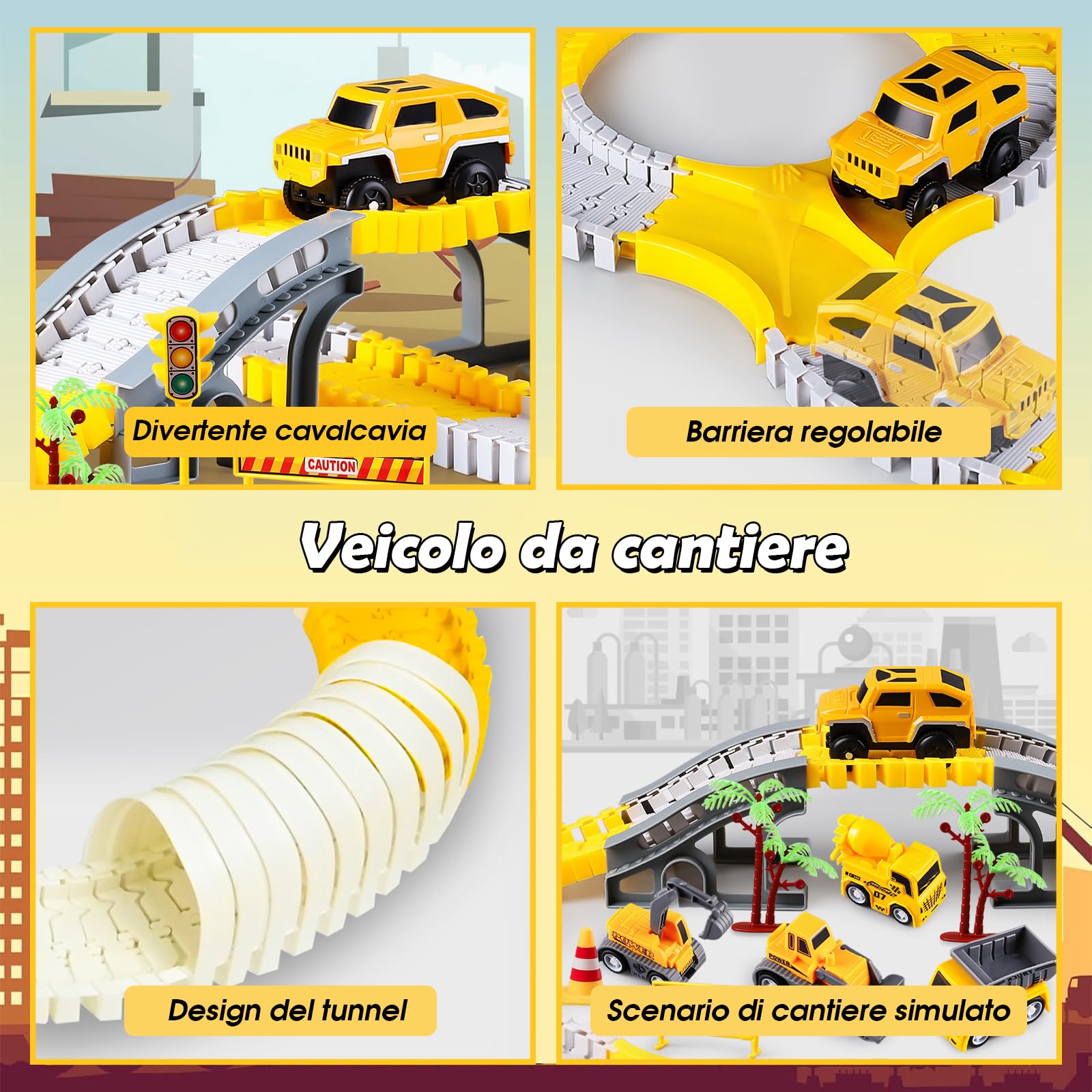 PATEMZON 305 Pezzi Set di Giocattoli Veicoli da Costruzione, Pista Macchinine Giocattolo per Bambini, Set da Pista Auto Flessibile con 6 Auto, Macchinina Giocattoli Natale Regalo Bambini 3+ Anni