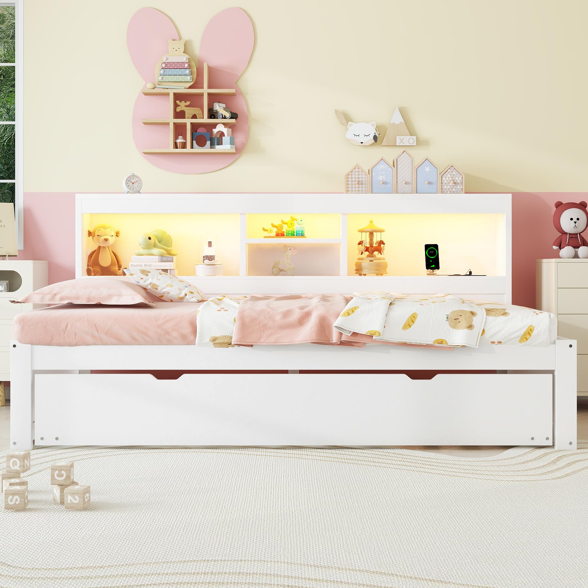 Soweiz Sofá cama, cama de día, iluminación ambiental teledirigida, compartimento de almacenamiento lateral de la cama, cama extraíble, enchufe + USB, sin colchón, camas para niños y niñas (blanco, 90