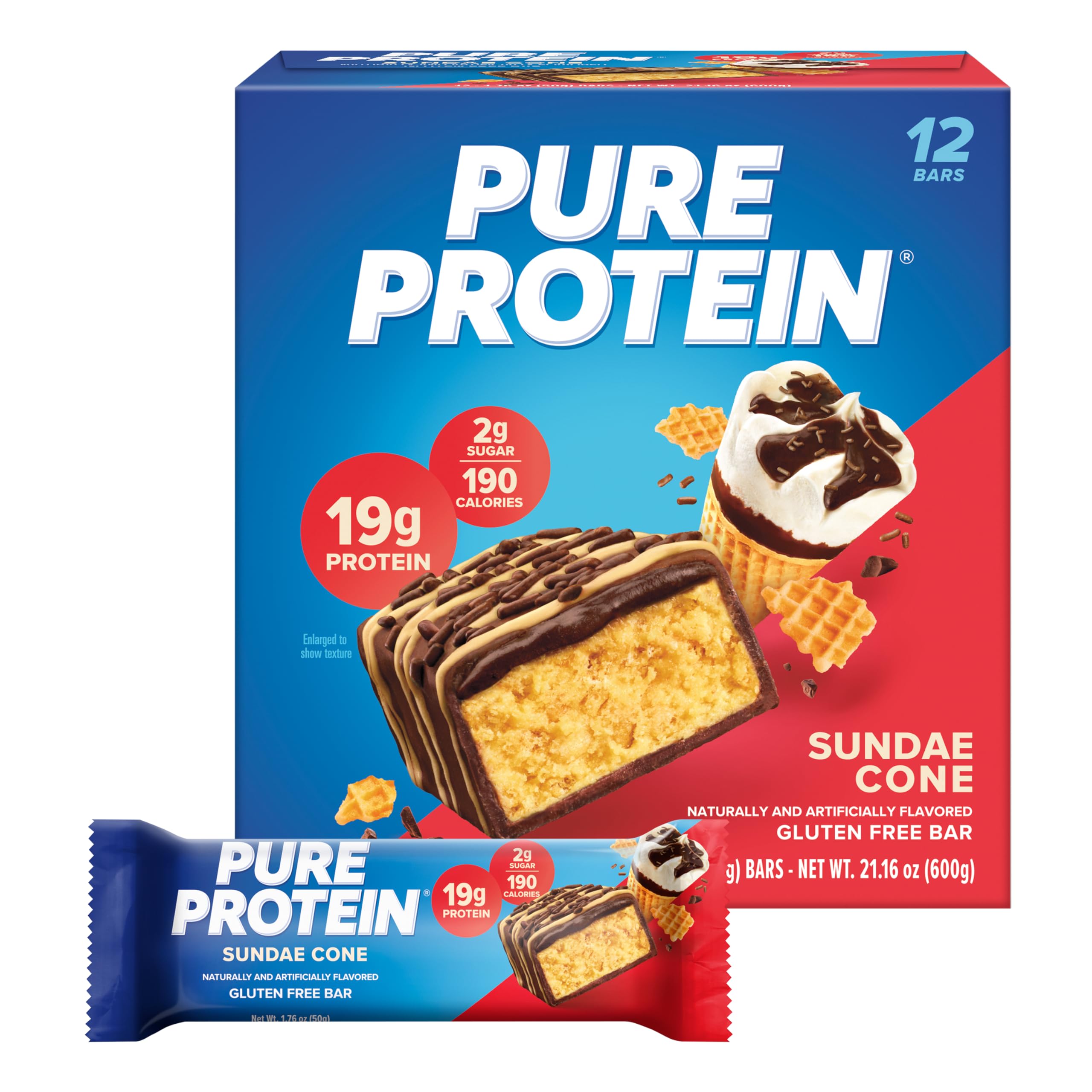 Pure Protein Bars, High Protein, Nutritious Snacks to Support Energy, Low Sugar, Gluten Free, Sundae Cone, 1.76oz, 12 Count (Packaging May Vary)