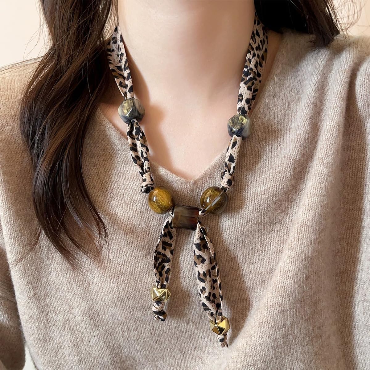 Leopard Scarf Fabric Choker Necklace for Women, Beads Adjustable Bandana Brown Silk Satin Style Jewelry Necklace for Holiday - Image 6