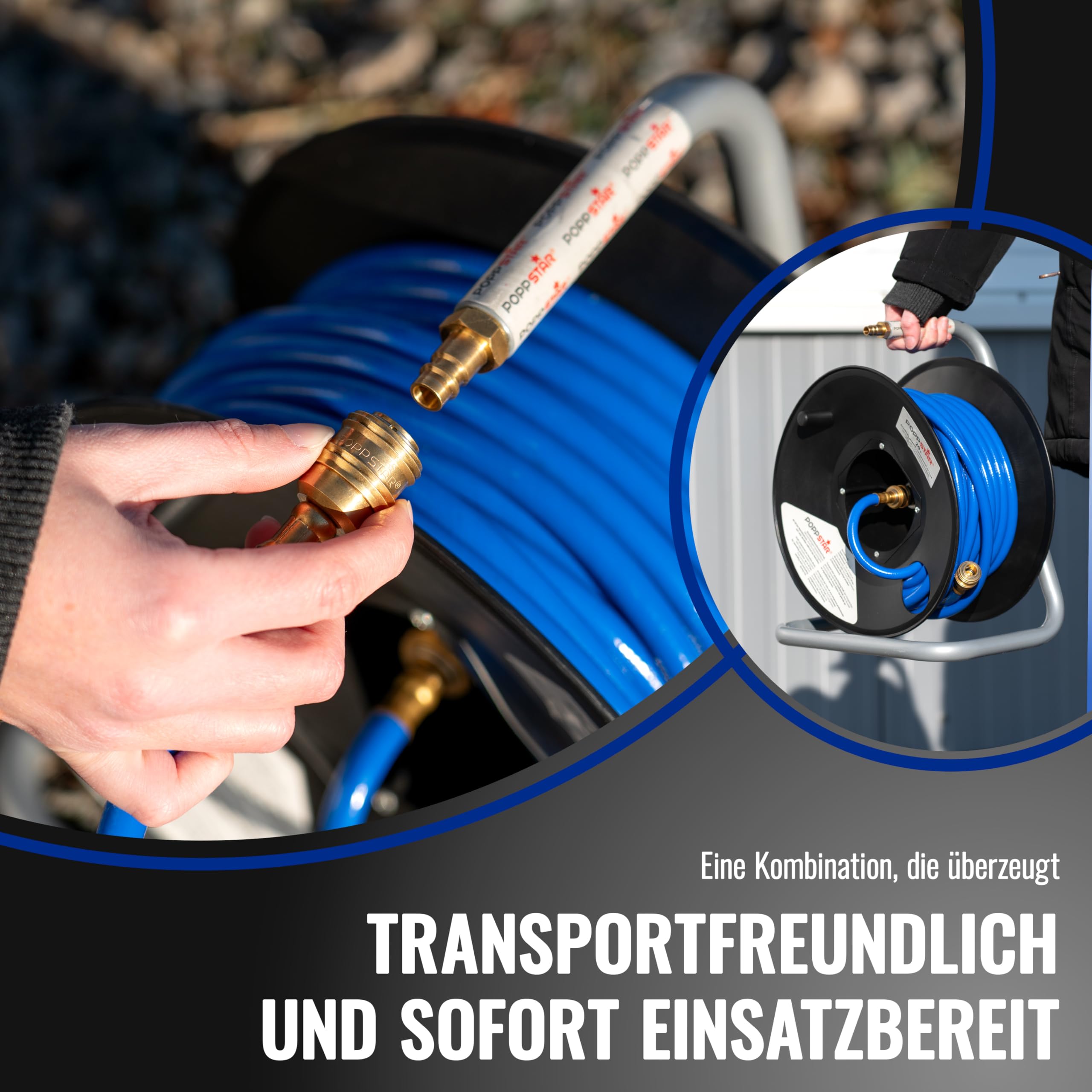 Poppstar Manuelle Druckluftschlauchtrommel aus PVC (20m+1,5m, Durchmesser (6x11,5mm)), Anschlüsse 1/4 Zoll BSPT