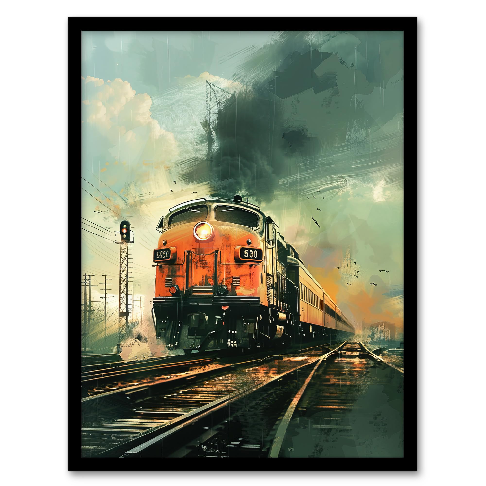 Artery8 Locomotive Train Front View Railway Painting Living Room Artwork Framed Wall Art Print A4