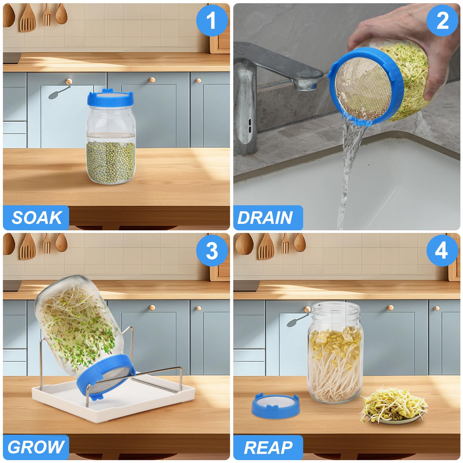 [Große Größe] Sprossen-Set, 2 Sprossenglas-Kits, Weithalsglas mit Edelstahl-Sieb, Sprossendeckel, 2000 ml Sprossen-Wachstums-Kit, Samen-Keim-Set für den Anbau von Brokkoli, Bohnen, Luzerne