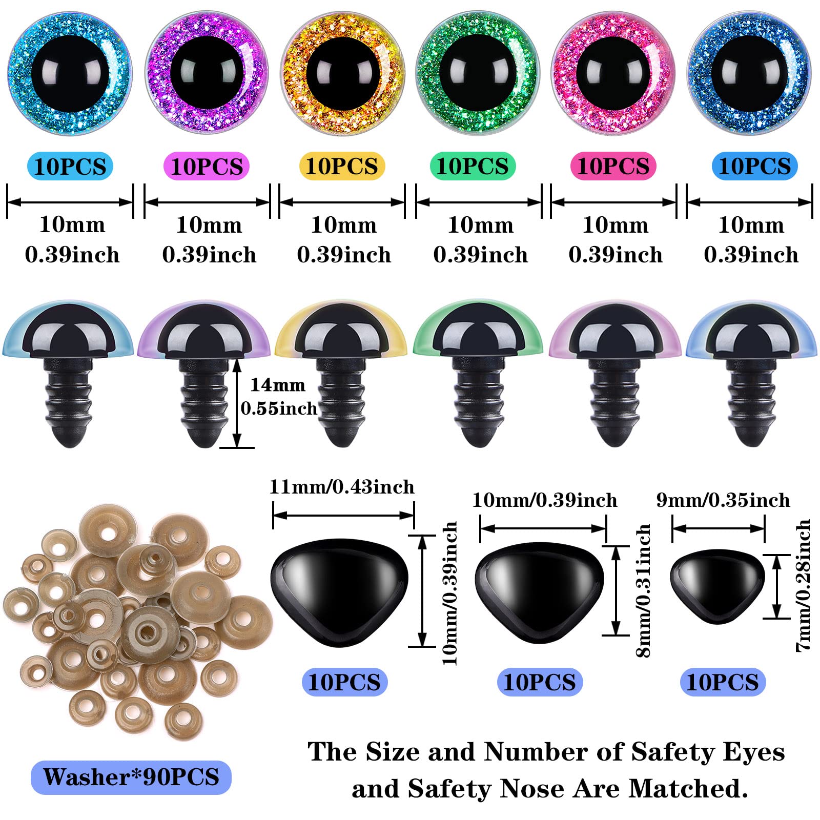 SANNIX 90pcs 10mm Large Safety Eyes and Safety Noses for Amigurumi Crochet Animals Chromatic Plastic Button Eyes for Sewing with Washers for Doll Plush Toy - Image 2