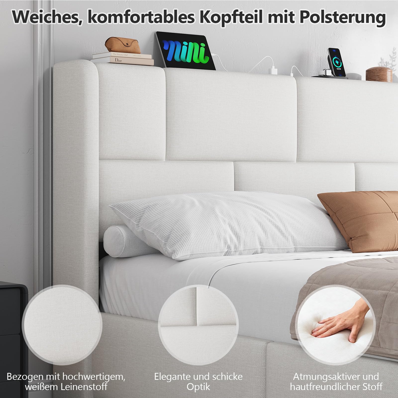 Polsterbett 140x200 cm mit hydraulischem Bettkasten und höhenverstellbarem Kopfteil, Ladestation (2 AC-Steckdosen, 1 USB-A, 1 USB-C Anschluss) Bett 140x200 mit Stauraum, Doppelbett Jugendbett, Weiß