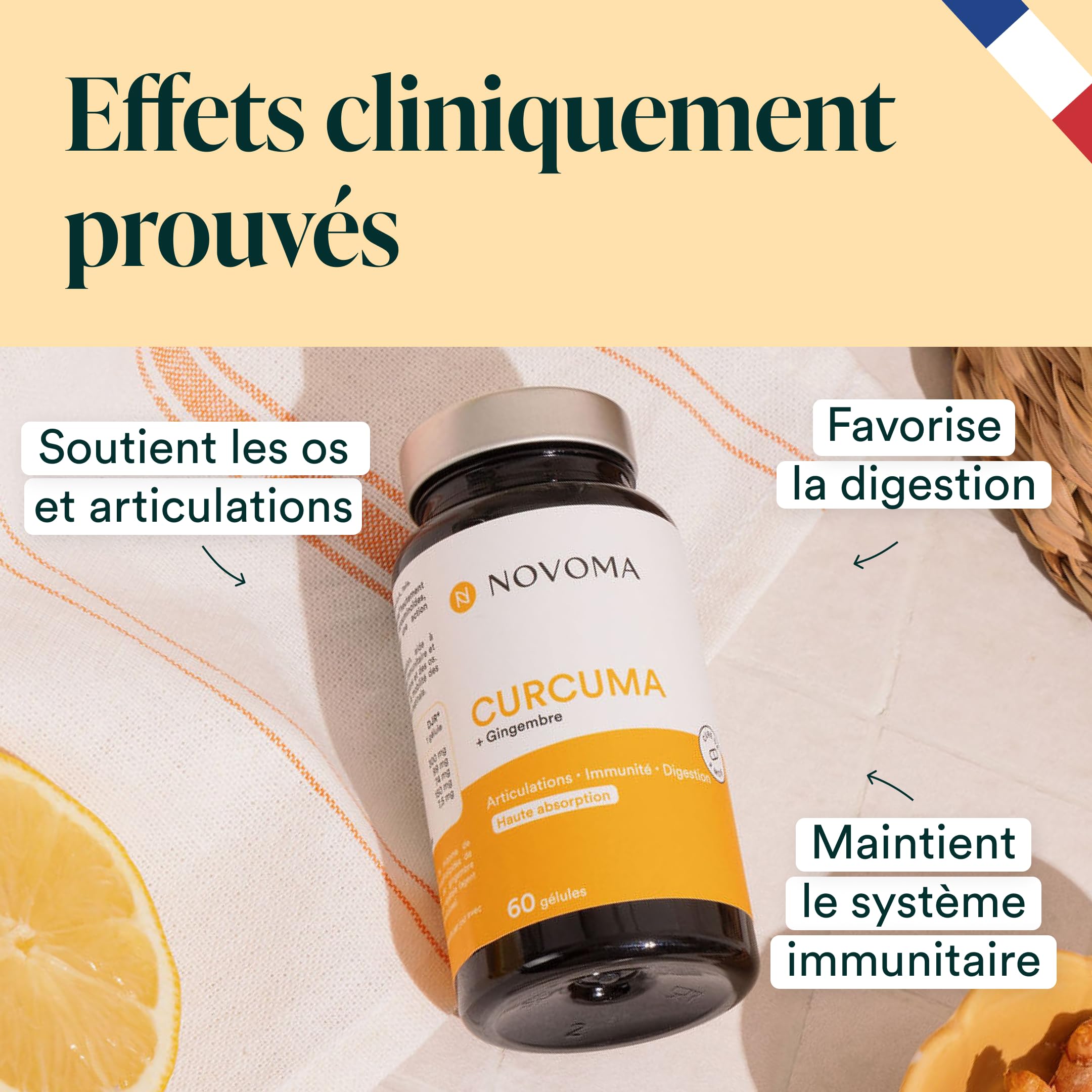 NOVOMA Curcuma 300mg Breveté Meriva®, avec Gingembre, Soutient la Digestion et le Confort Articulaire, Haute Teneur en Curcumine, Cure de 2 mois, Fabriqué en France