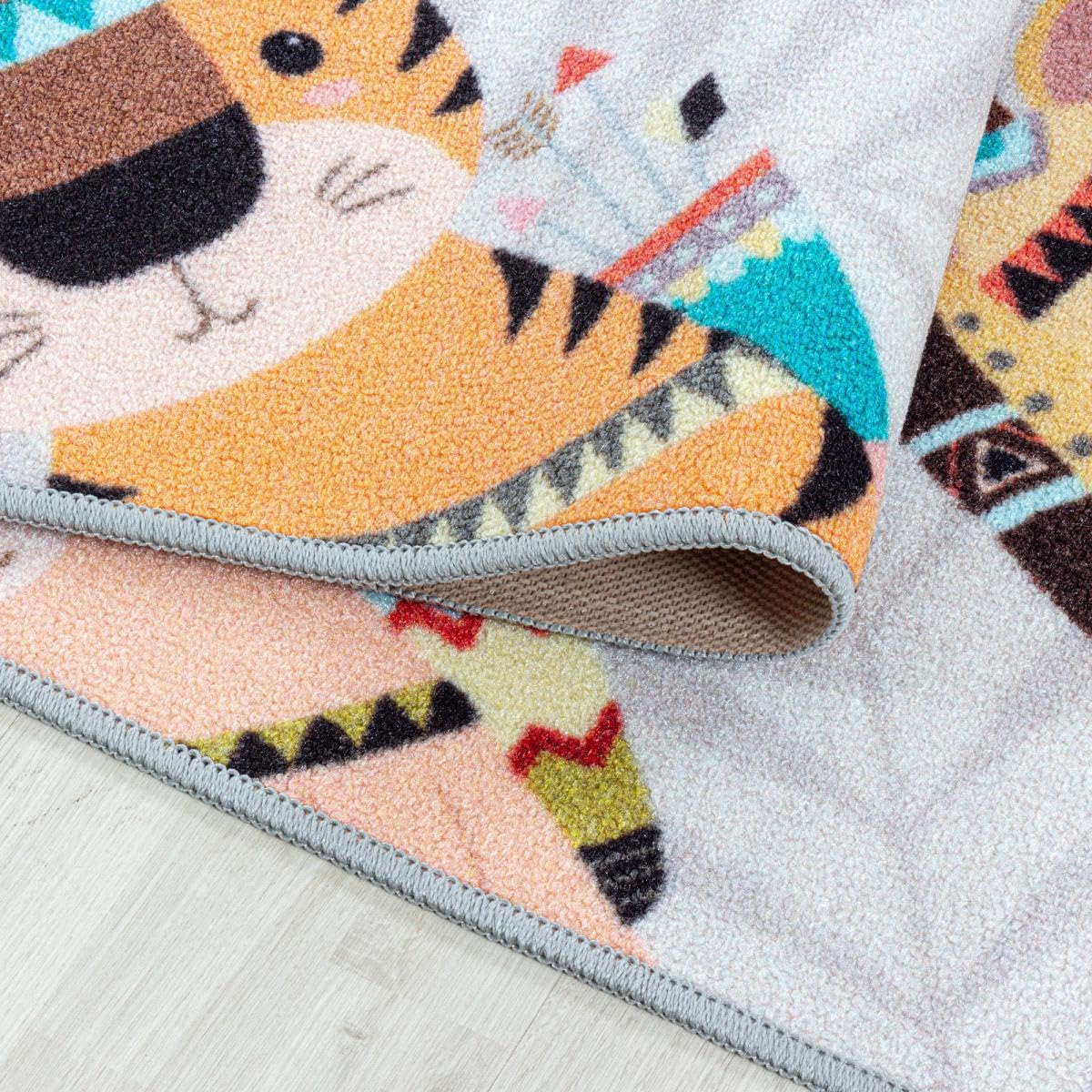 Tapis Enfant, 100 X 150 Cm, Motif Marelle Animaux Illustrés, Gris, Marron, Lavable 30 °C, Poils Ras Tissé, pour Chambre, 11434
