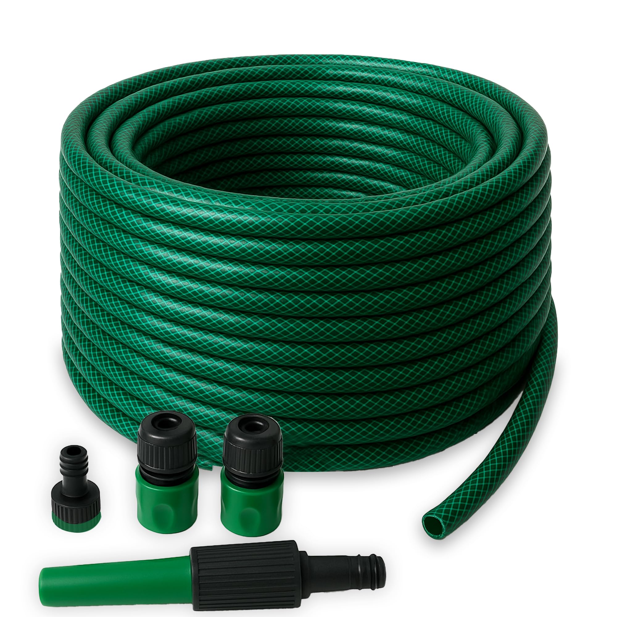 iTrend 30m PVC Fiber Braided Reinforced Garden Water Hose Pipe Set with Nozzles & Fittings – Durable, Flexible, Weatherproof, 4 Spray Patterns for Garden, Car Wash & Irrigation