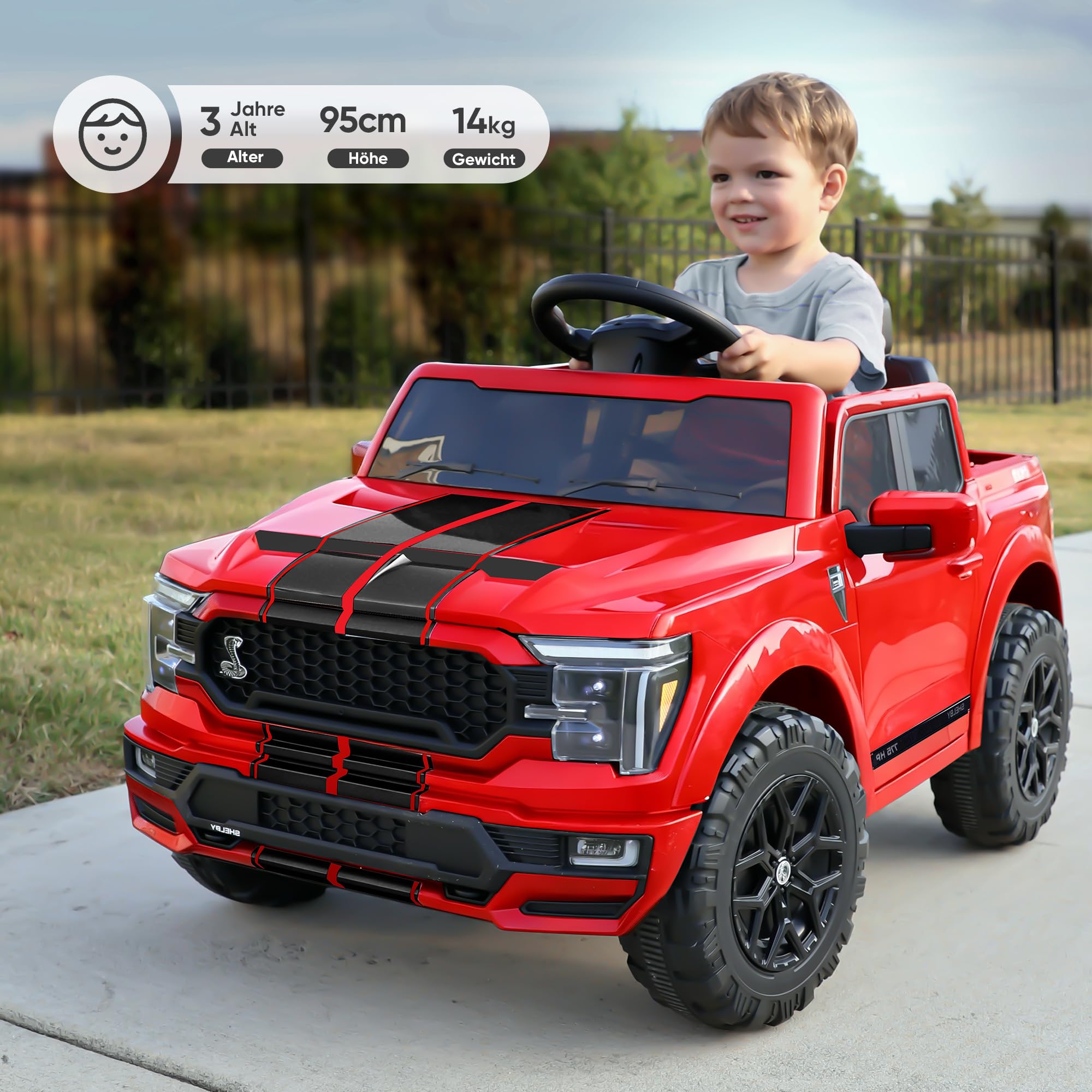 Hikiddo Ford Shelby F-150 Lizenziertes Kinder Elektroauto, 12V Elektroauto für Kinder ab 3 Jahre mit Fernbedienung - Rot