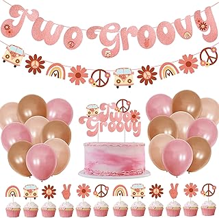 Two Groovy party Retro Hippie Boho Girl Birthday Party Supplies for Girl 2nd Birthday 60s Party Include Two Groovy Banner Daisy Flower Balloons Hippie Cake Toppers and Cupcake Picks