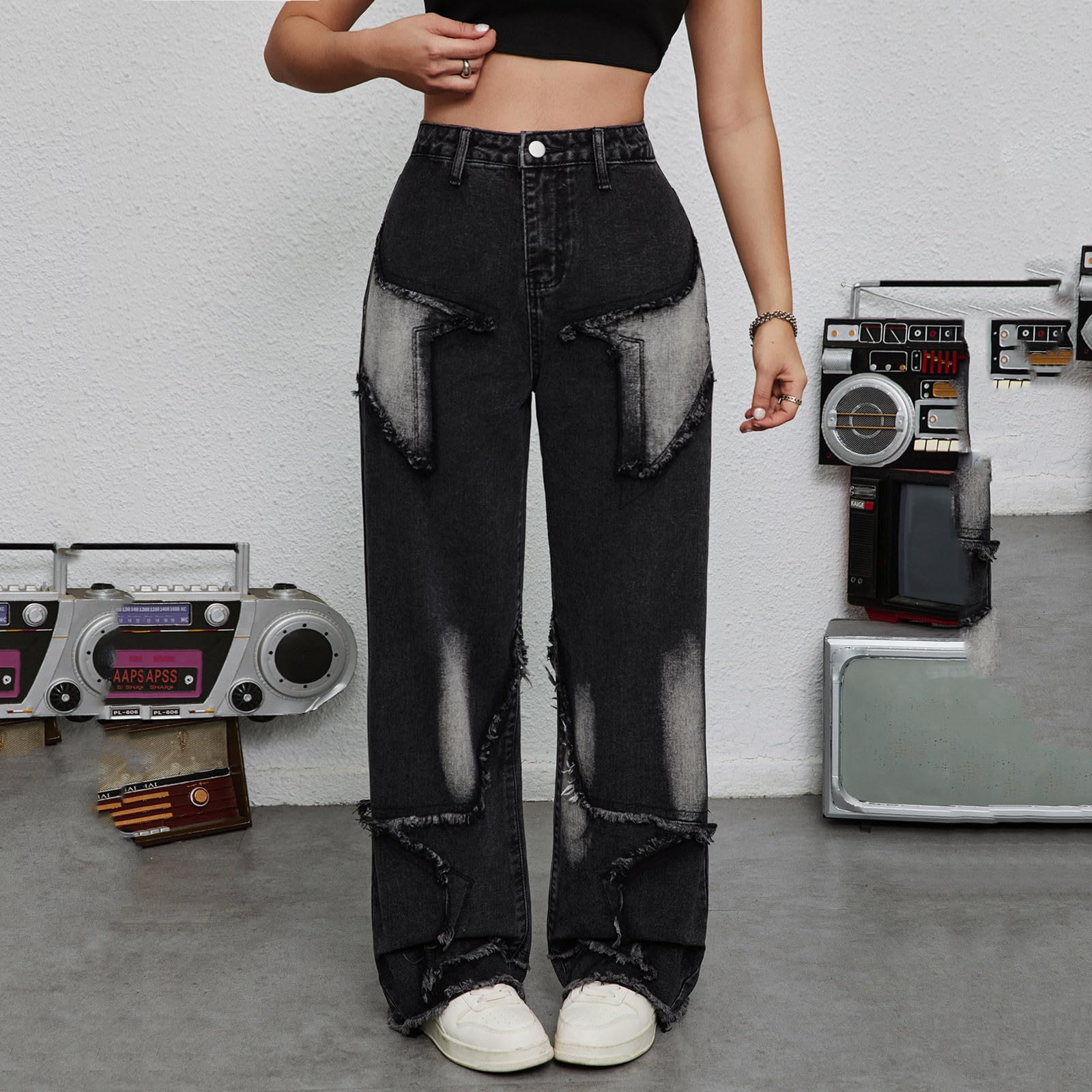Jeans per Bambini Neri - Pantaloni in Denim a Gamba Larga per Ragazze alla Moda con Design a Stella a Vita Alta Comodi Pantaloni Casual per Ragazze Adolescenti e Ragazzi Pantaloni alla Moda da Strada