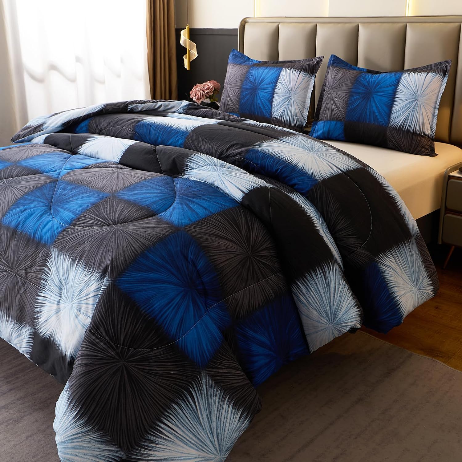 Caressma Black and Navy Blue Checkered Comforter Bedding Set, Full Size Blue White Plaid Comforter Set for Boys, Fluffy Black Grid Home Decor for All Seasons