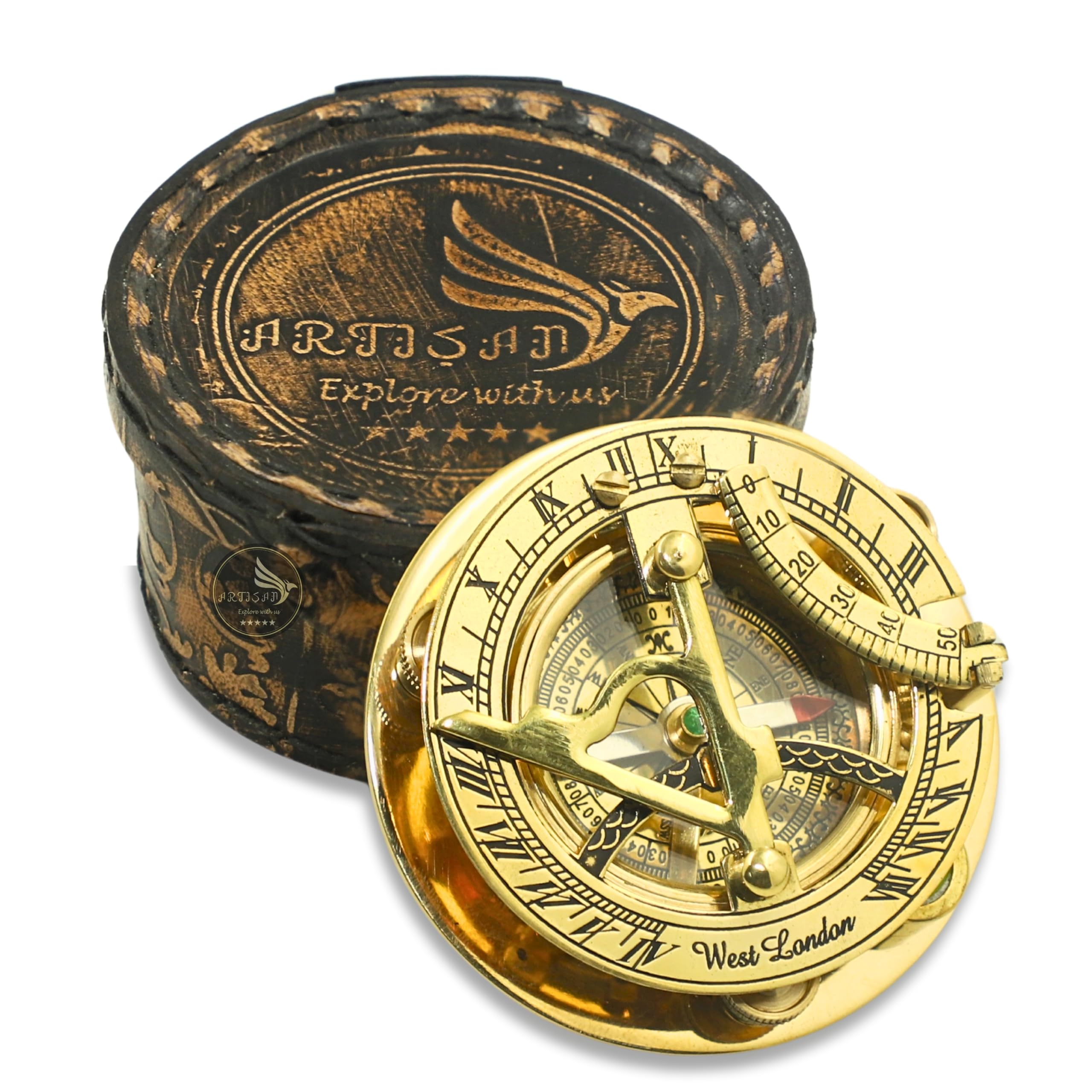 Brass Nautical - Sundial Compass with Intricate Detailing Comes in an Top Grain Leather Case - Premium Sundial Compass