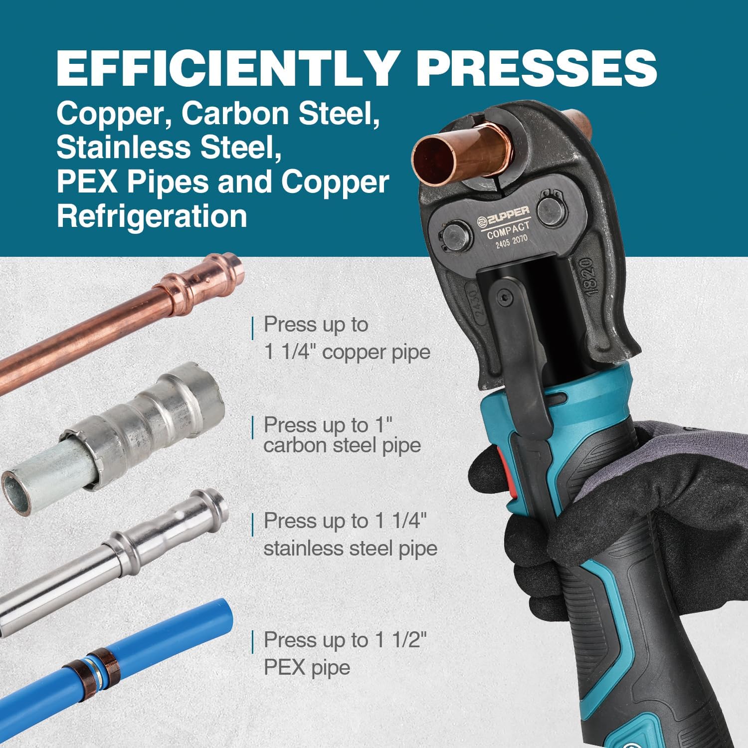 ZUPPER Press Tool, 18V Electric Pipe Crimping Tool for 1/2", 3/4", 1" Copper Pipes, Compact Press Tool Kit Suitable for Copper Pro Press fittings - with Brushless Motor, 3 VUS Press Jaws, 2pcs Battery