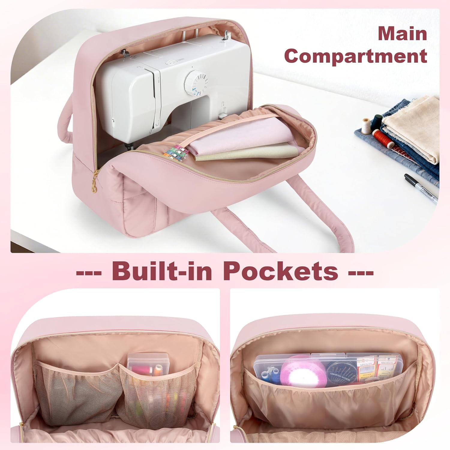 Teamoy Puffer Sewing Machine Carrying Case, Sewing Machine Tote for Most Standard Sewing Machines and Accessories, Pink
