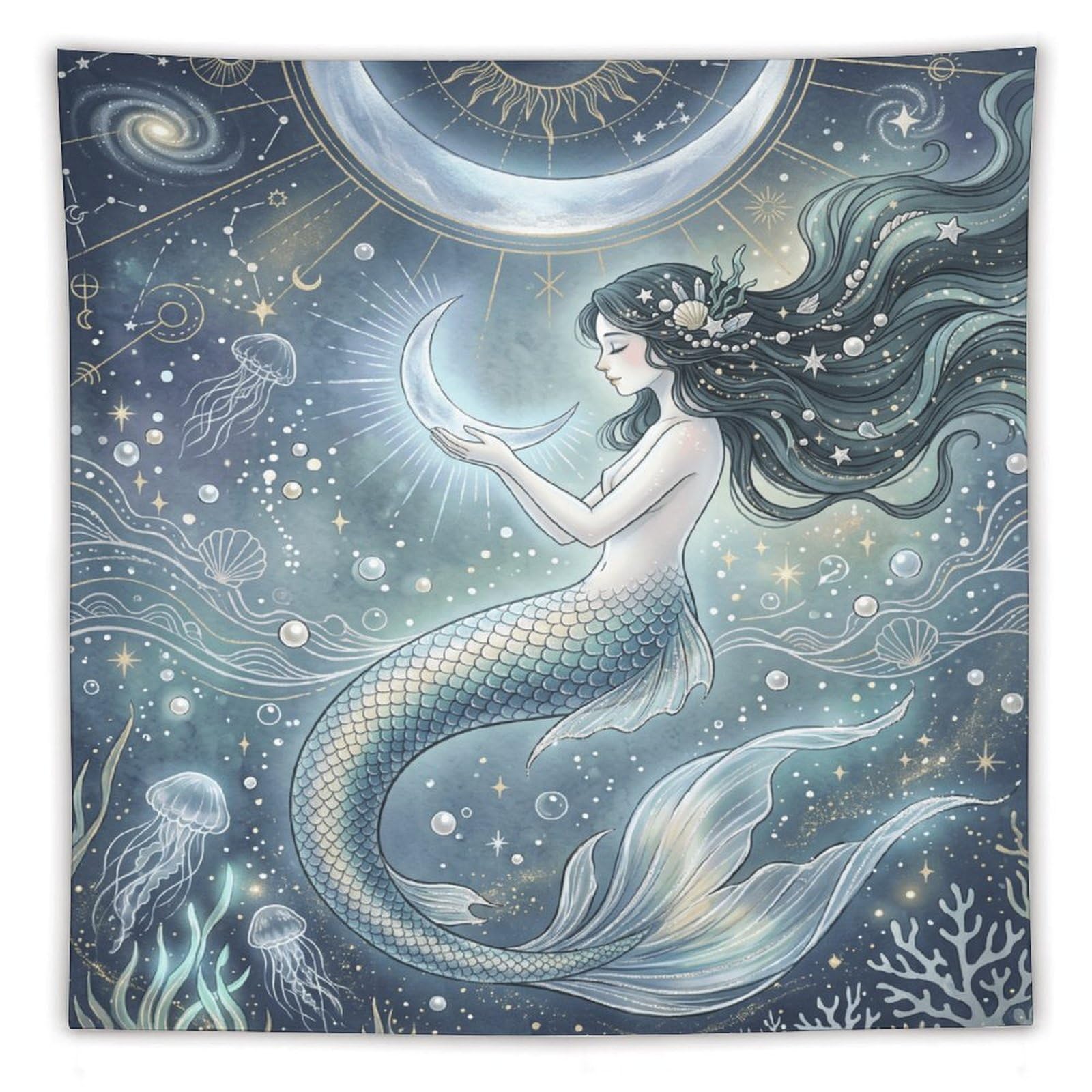 H3B8U2Y5 Moon Mermaid Coral Reef Wall Tapestry, Surrealist, Starry Sea