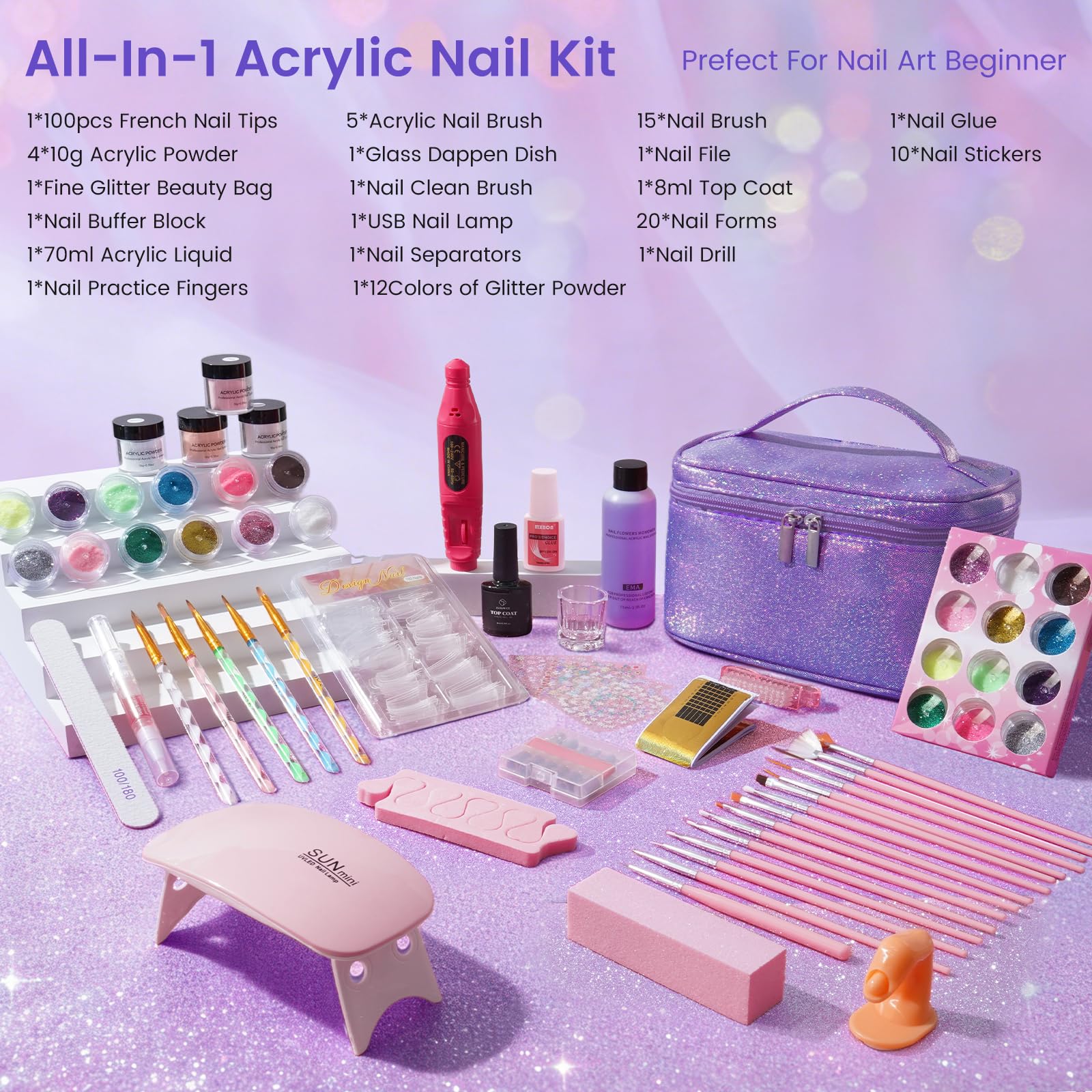 Kit de démarrage pour ongles en acrylique pour débutants : 4 couleurs de poudre acrylique pour ongles avec doigt d'exercice, lampe et ponceuse à ongles - Poudre acrylique pour ongles à faire soi-même