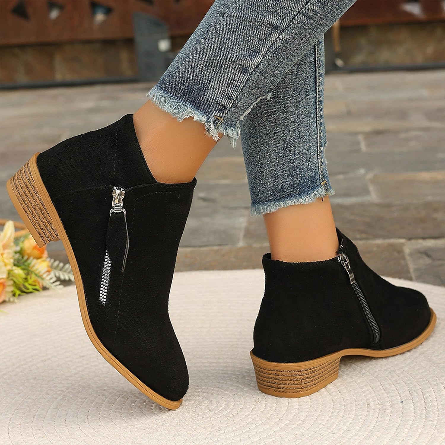 Women'S Suede Chunky Heel Walking Ankle Boots With Side Zipper Retro Pointed Toe Low Block Heel Comfortable Work Boots Stylish Everyday Non-Slip Boot