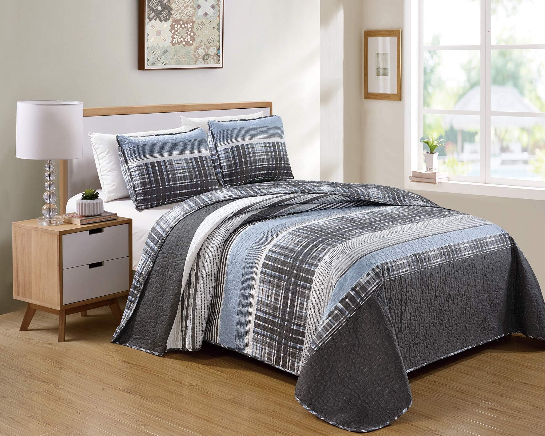 Charcoal White Light Grey Stripe Plaid Pattern Unisex Bedspread New (Twin/Twin Extra Long)