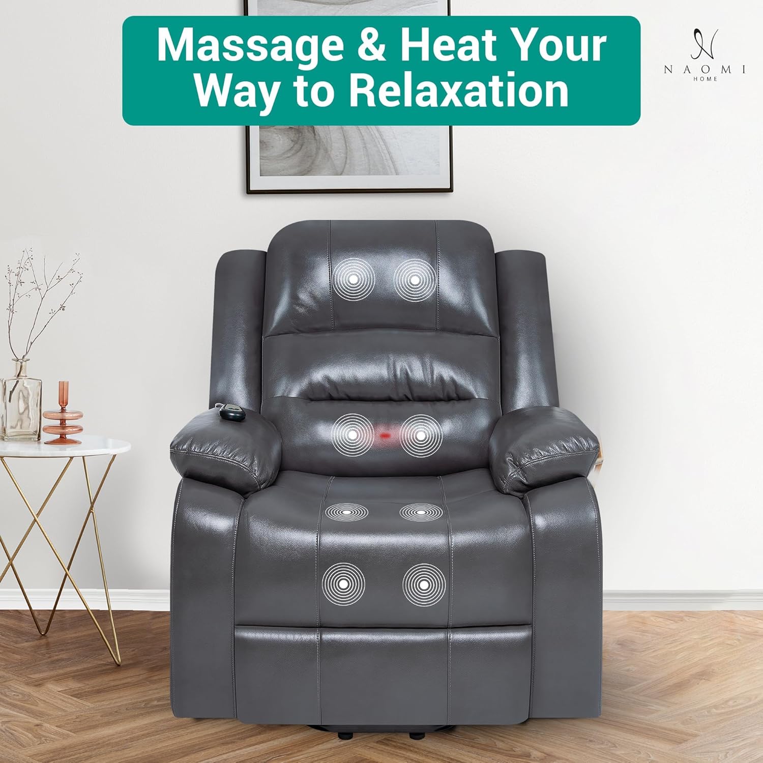 Naomi Home Whitney Power Lift Recliner Chair for Elderly with Massage and Heat, Plush Backrest, Extended Leg Support, Built-in Cup Holder, Side Pockets, Easy Assembly, Electric Power Lift Chair