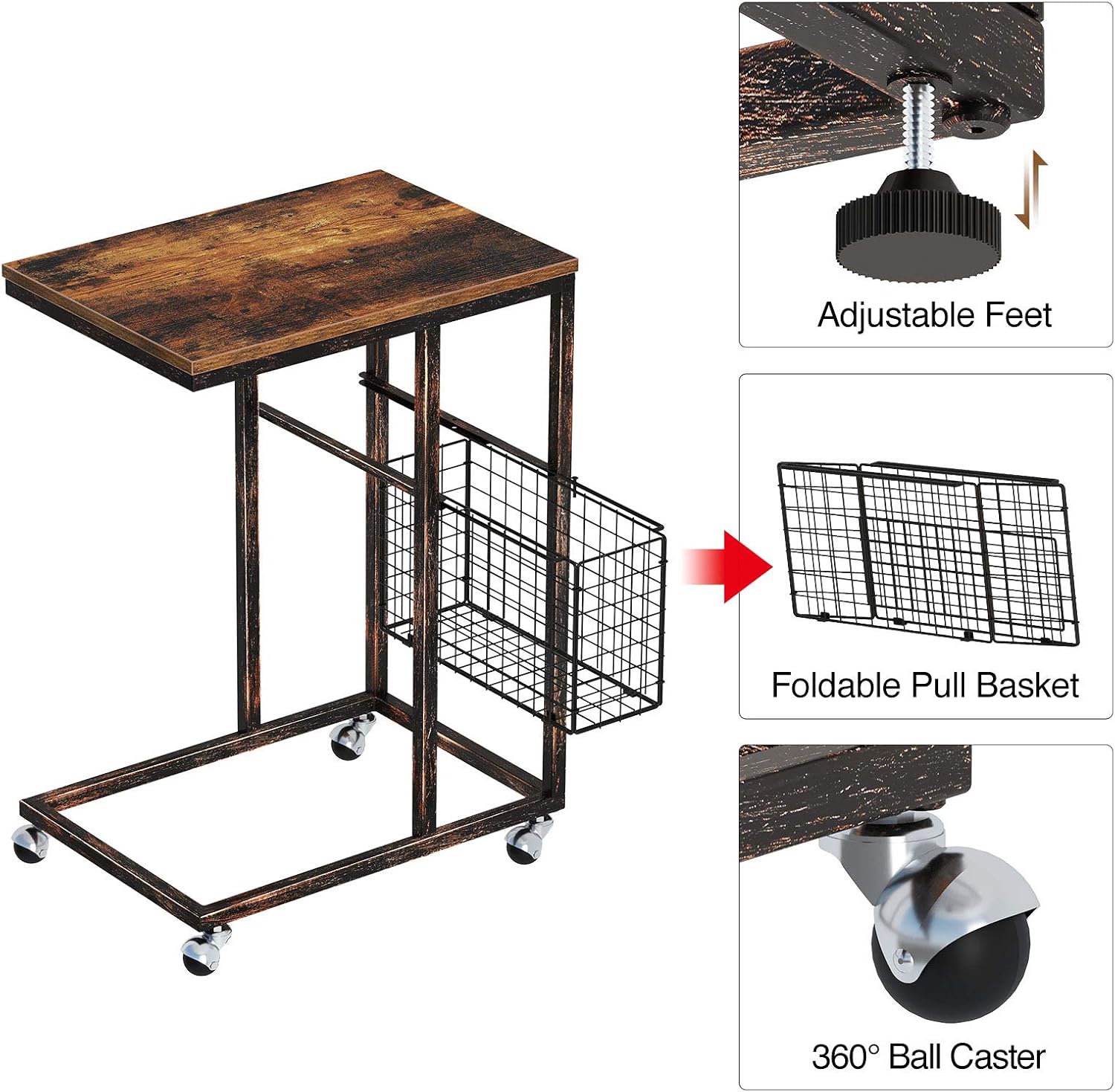 Rolanstar Side Table with Storage Basket, C Shaped End Table with Rolling Wheels, Sofa Table for Living Room, Bedroom, Small Spaces Rustic Brown