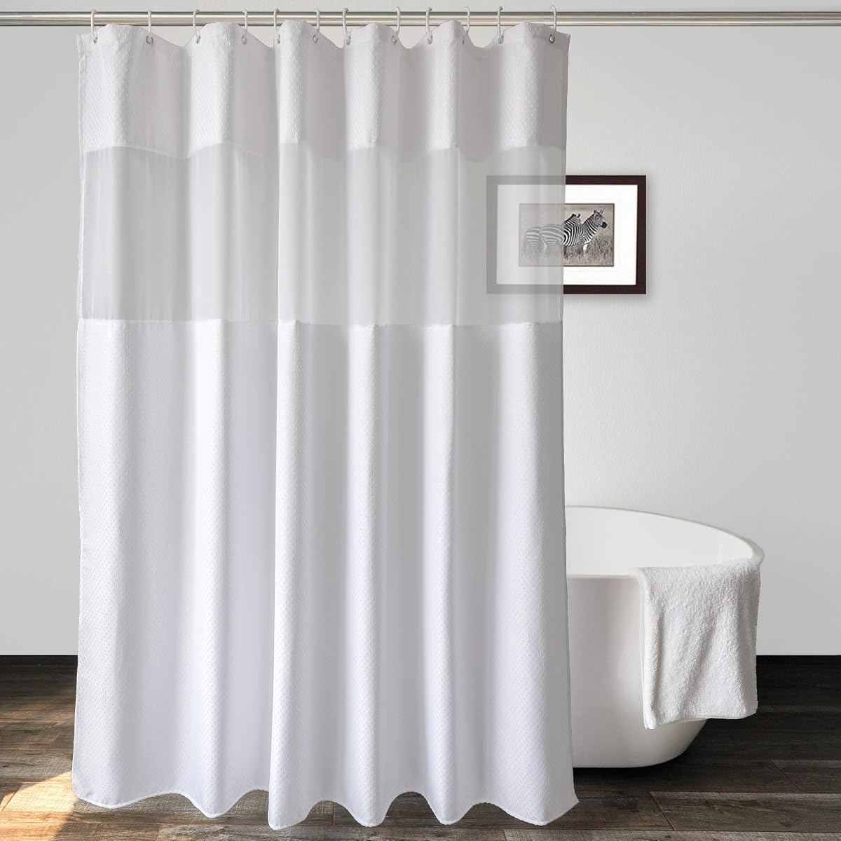 Waffle Weave Fabric Shower Curtain with Mesh Window, Heavy Duty Decorative Bathroom Curtain with White Pique Pattern, Spa-Like Hotel Luxury, Water-Repellent,72 x 72 Inches