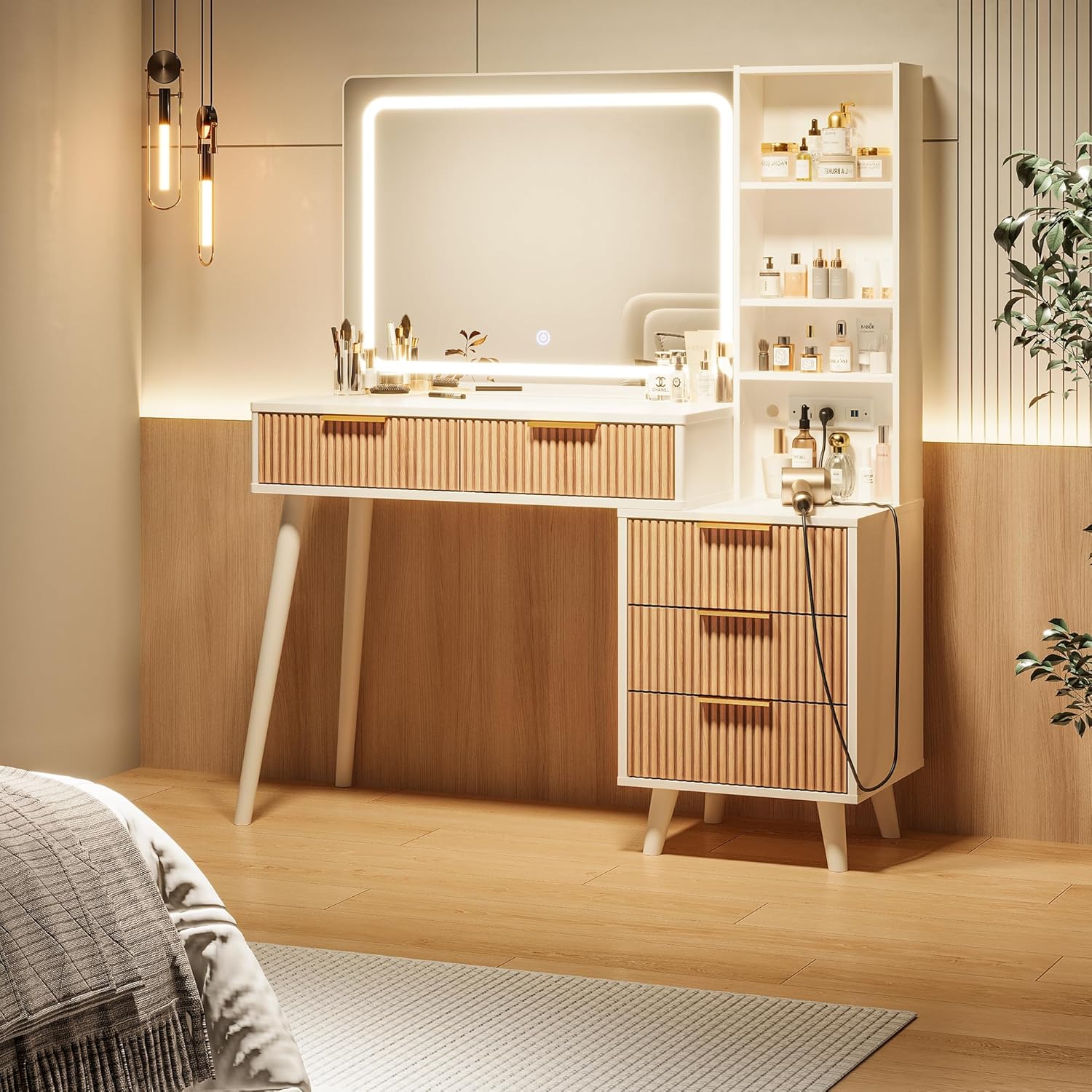 44" Vanity Desk with Mirror and Lights, Makeup Vanity Desk with Power Outlet, Makeup Desk with 5 Drawers&Storage Shelves, Vanity Table 3 Color Adjustable Brightness Dressing Table Set for Bedroom