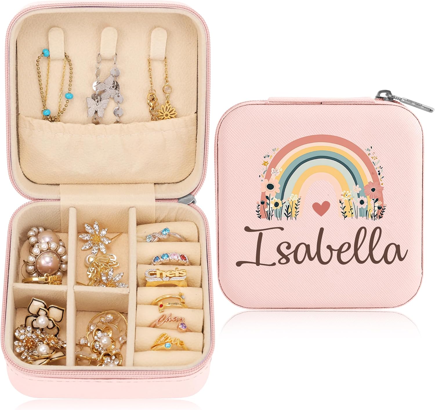Personalized Velvet Jewelry Box with Mirror Custom Birth Flower Travel Jewelry Case Organizer Portable Birthday Mothers Day Travel Gifts for Women Girls (Style 06)