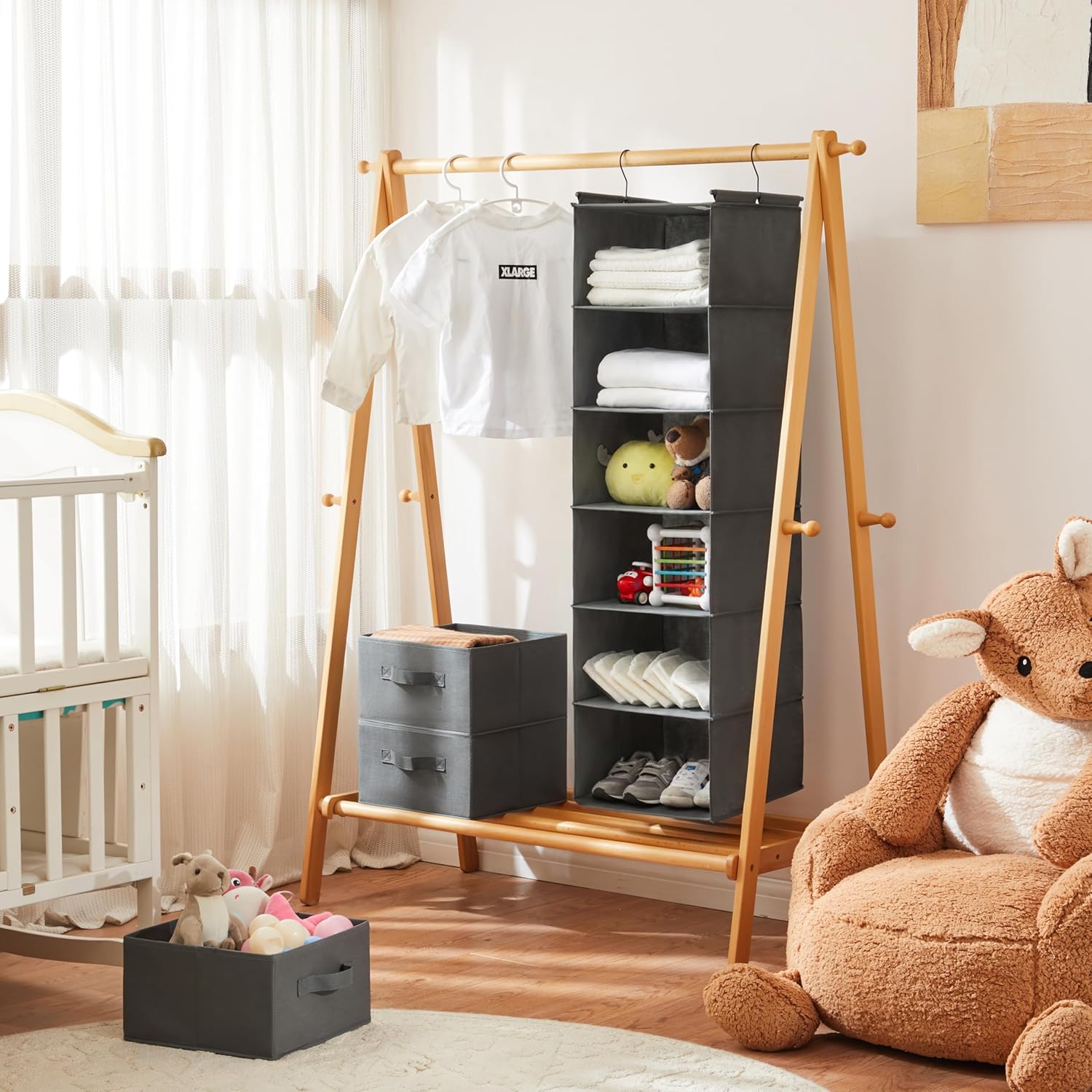 MAX Houser 6 Tier Shelf Hanging Closet Organizer, Closet Hanging Shelf with 2 Sturdy Hooks for Storage, Foldable (Grey) - Image 2