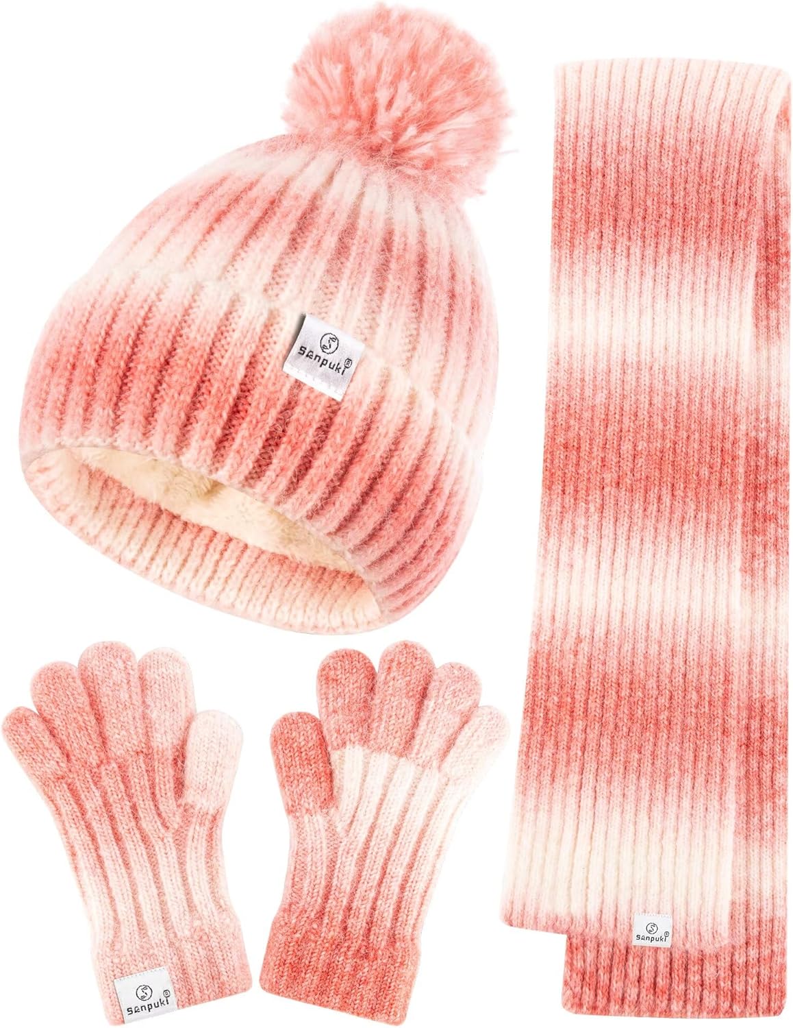 Kids Winter Beanie Gloves Scarf Set,Girls Toddler Winter Hat With Pom Neck Warmer Gaiter Mittens Fleece Lined Set