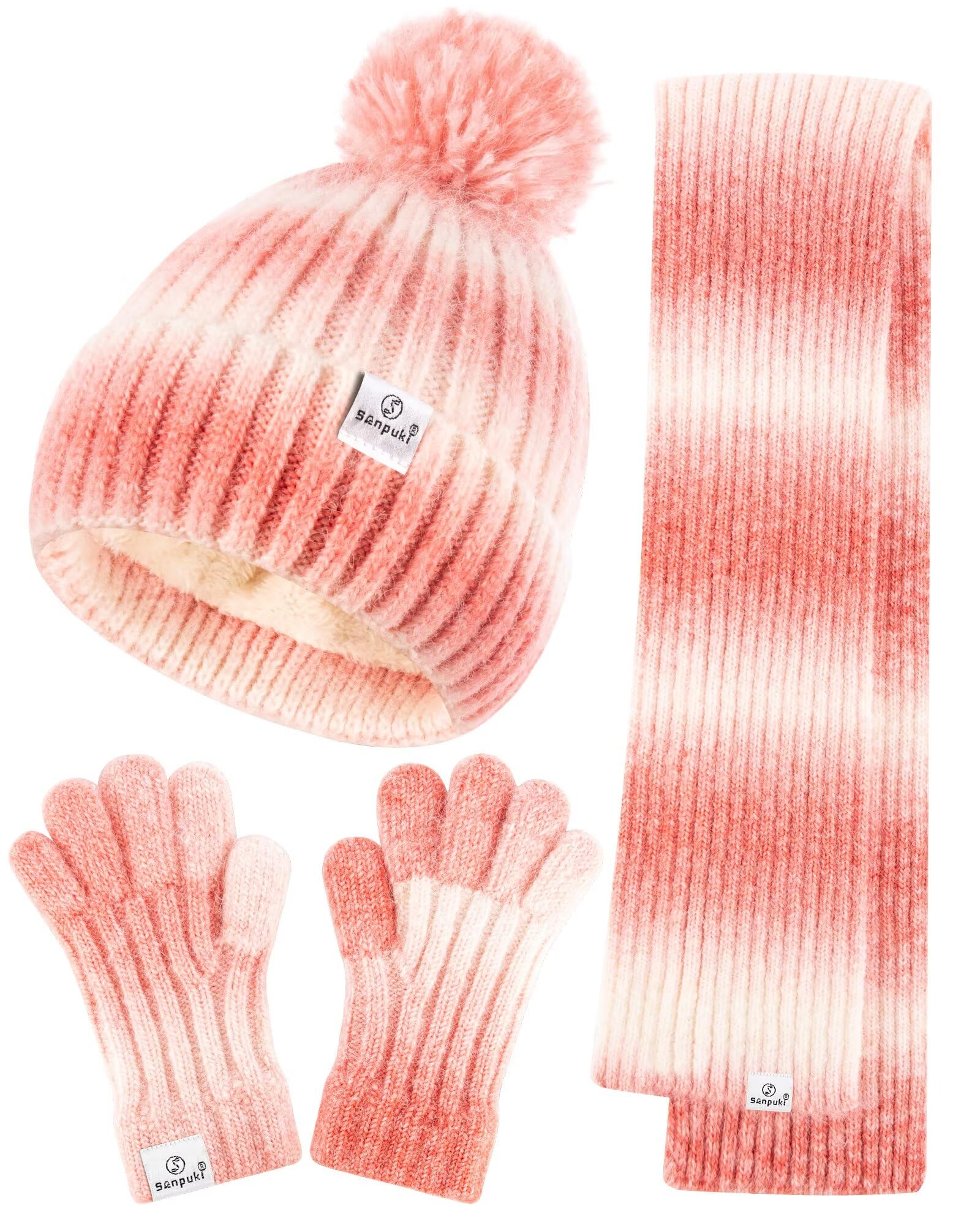 Kids Winter Beanie Gloves Scarf Set,Girls Toddler Winter Hat With Pom Neck Warmer Gaiter Mittens Fleece Lined Set