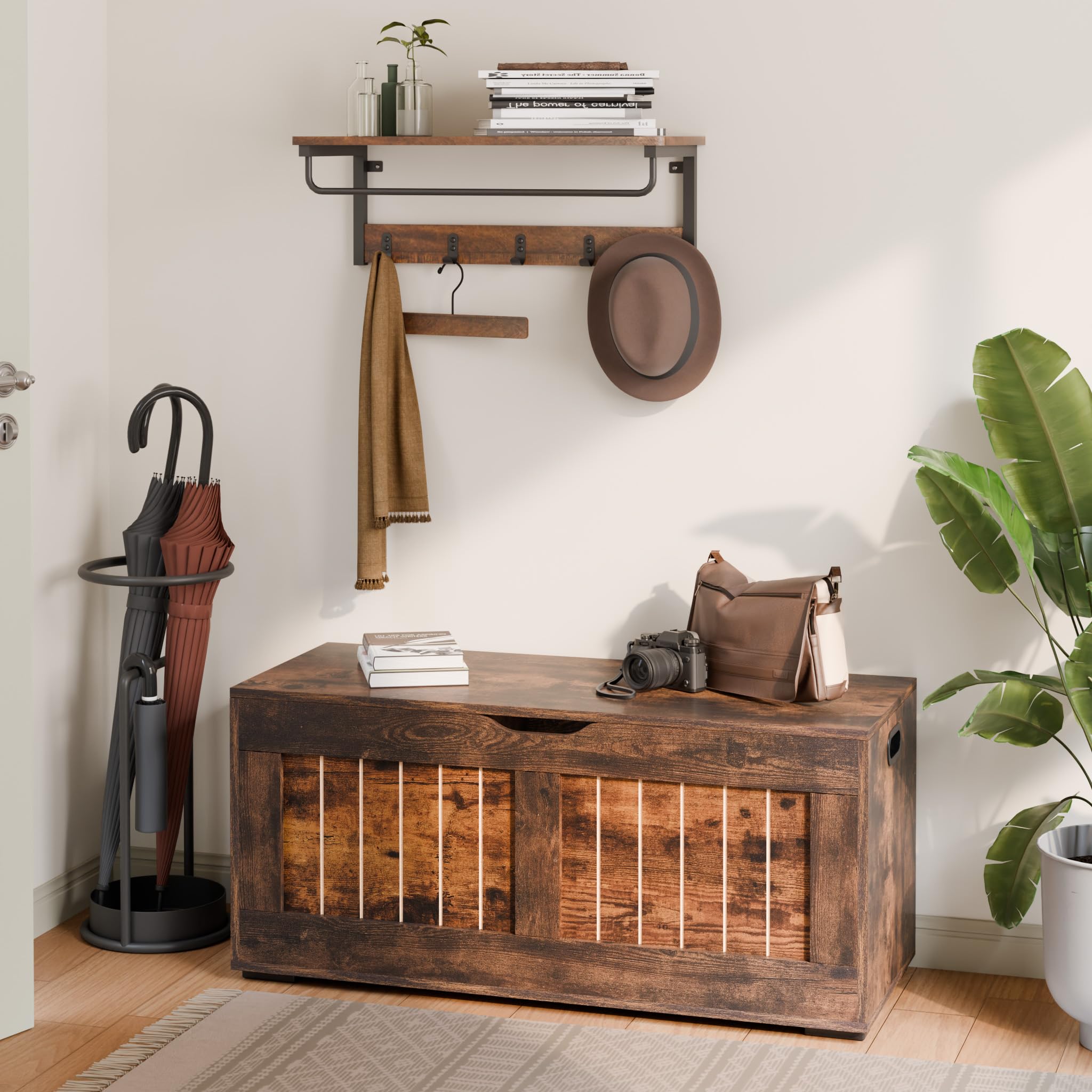 Mondeer Baúl de Almacenamiento, Banco de Almacenamiento con 4 Ruedas, Caja de Manta con 2 bisagras de Seguridad, Estilo Moderno, para Pasillo, Dormitorio, Sala de Estar, 40 x 100 x 49 cm, marrón
