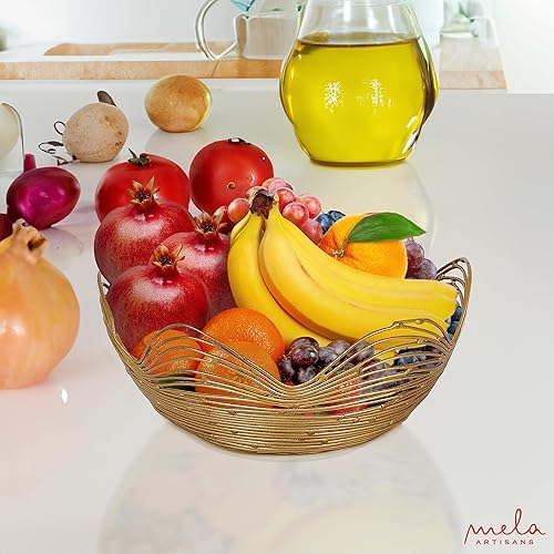 Miniatura 4 de Mela Artisans Cesta de frutas de alambre dorado para encimera de cocina, mediana, diseño de Gurez Valley, cesta redonda decorativa de alambre