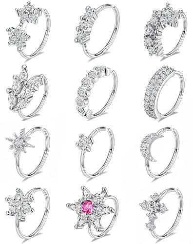 Tornito 10-Piece Paved Flower Leaf Feather CZ Nose Ring Hoops