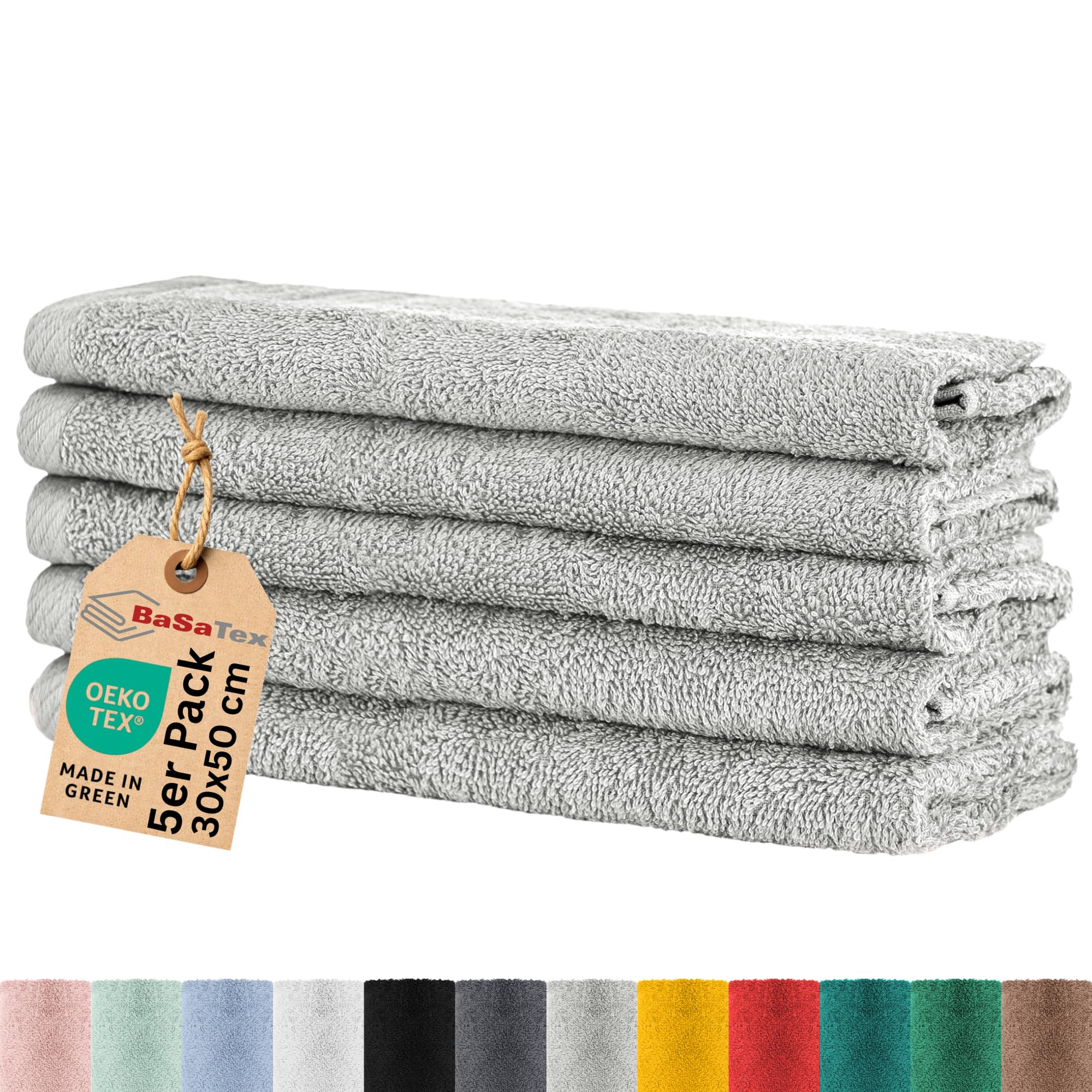 BaSaTex - Hand Towel Set for Guests Pack of 5 - Terry Towels with Hanging Loop Made of Soft Cotton in 30 x 50 cm - Wash Towels for Guests Oeko-Tex Standard 100 Certified - Grey