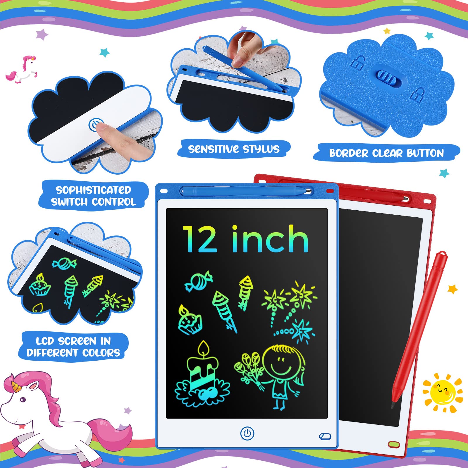 8 Pcs 12 Inch LCD Writing Tablet for Kids Bulk Doodle Board Colorful Doodle Pad Writing Board Electronic Drawing Tablet for Kids Toddlers Learning Birthday Day Gifts for Girls Boys (White Trim)