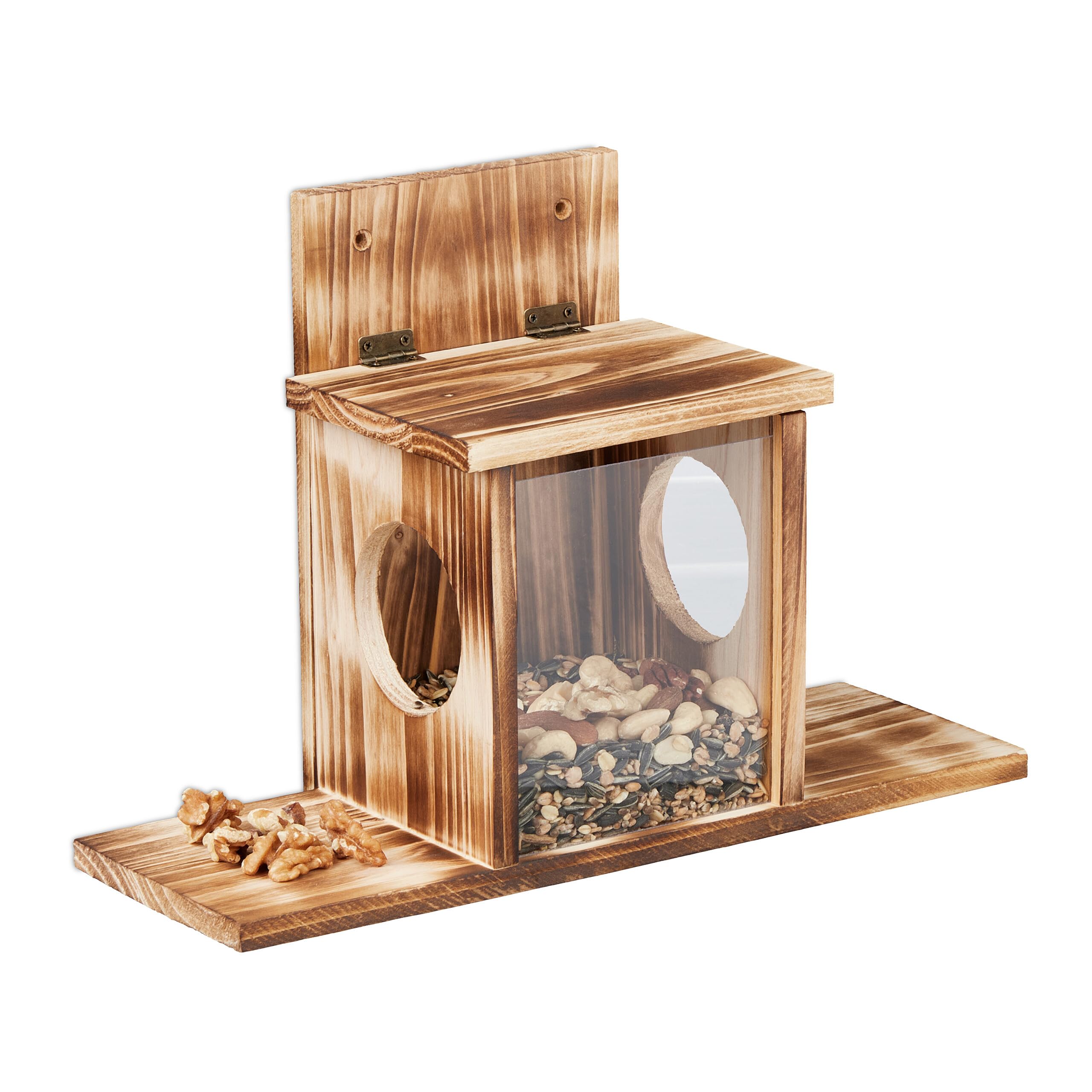 Relaxdays Comedero de Ardillas, Estación Alimentación, Madera Quemada, 2 Entradas y 2 Plataformas, 24x35x13 cm, Natural, 24 x 35 x 13 cm