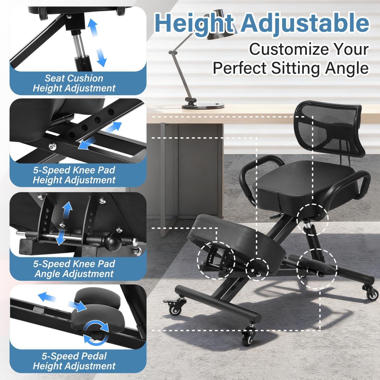 Silla ergonómica de rodillas con respaldo y reposapiés, Altura Ajustable, Cojines Gruesos, Ruedas con Bloqueo para Oficina en casa, Taburete Corrector de Postura para aliviar el Dolor de Espalda.