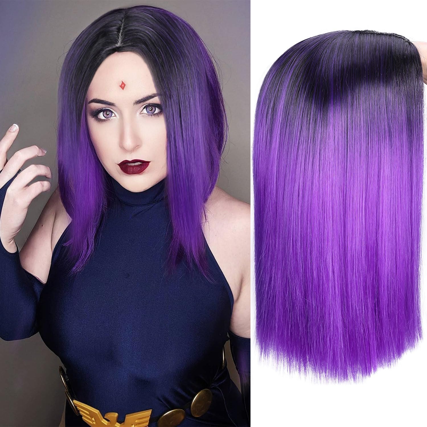 Ombre Wig Purple Short Straight Wigs Middle Part Shoulder Length Purple Dark Roots Natural Synthetic Wigs for Women Daily Party Cosplay (Ombre Purple)