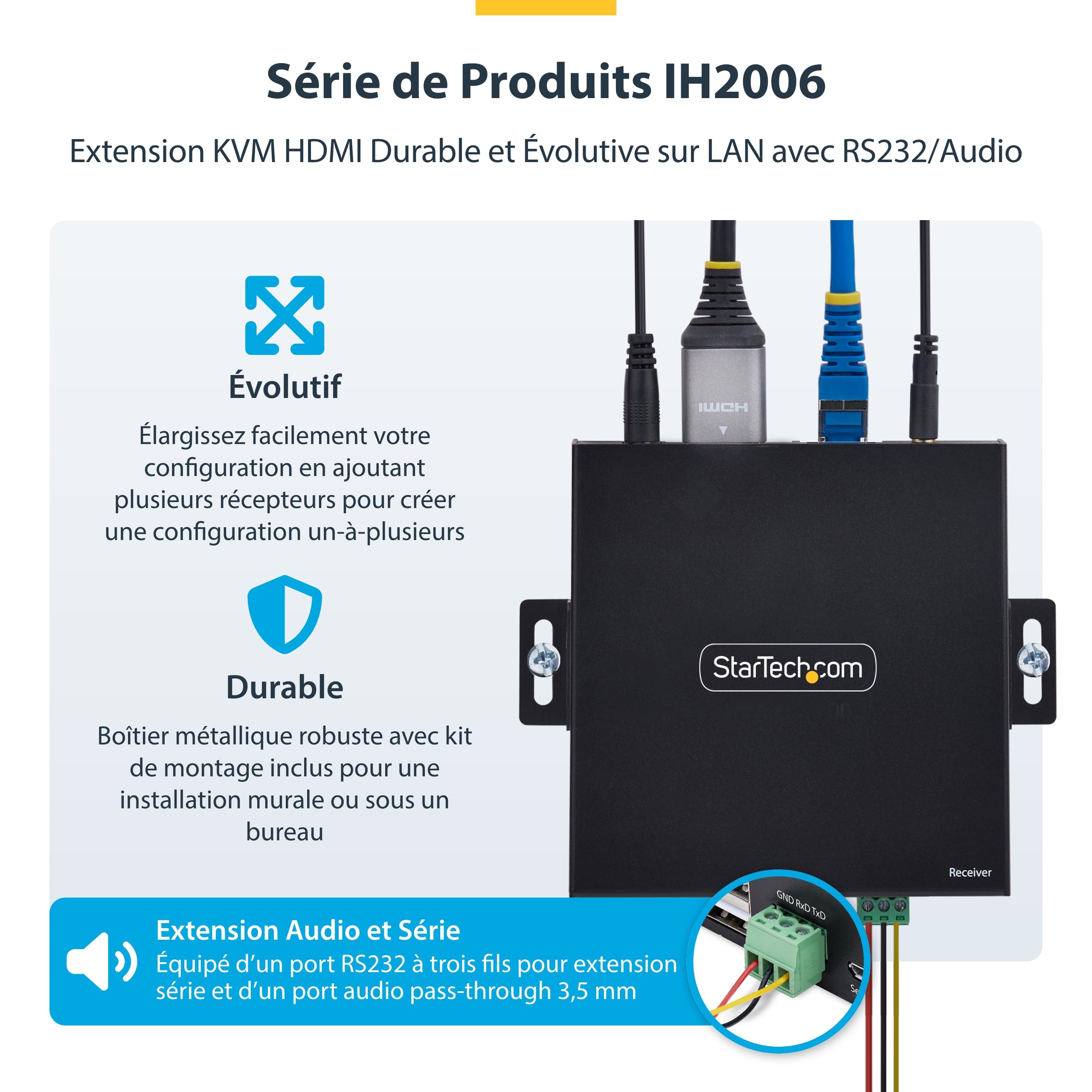 StarTech Récepteur KVM HDMI sur IP pour IH2006-4K 60Hz sans Pilote | AVoIP, Récepteur uniquement, Expansion évolutive, RS232, Audio 3, 5mm, IH2006-KVM-RX