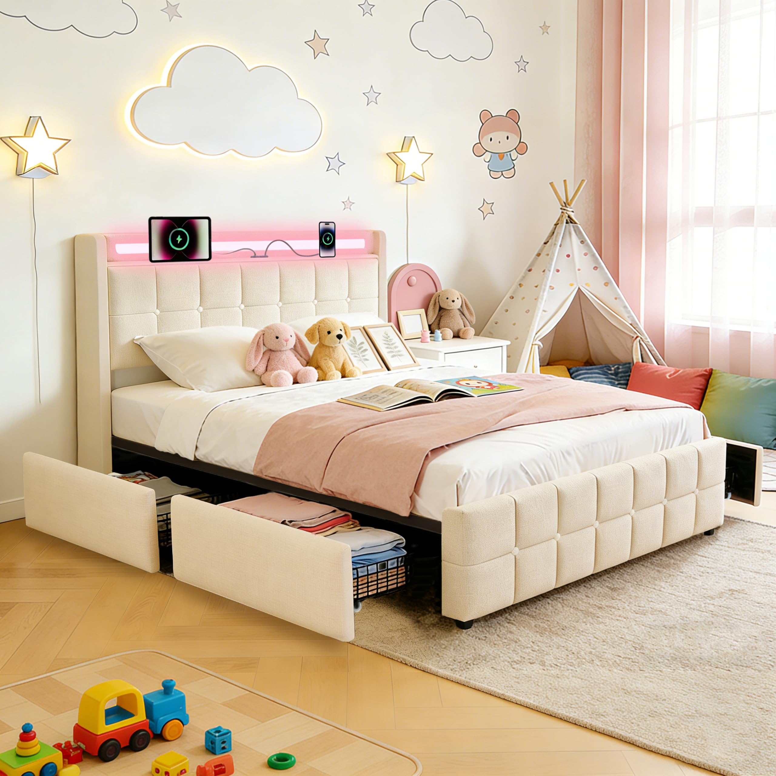 Marco de Cama tapizado, 160x200 cm, con 4 cajones de Almacenamiento, estación de Carga y cabecero LED, Cama Plataforma Moderna con Listones de Madera, Lino, Beige