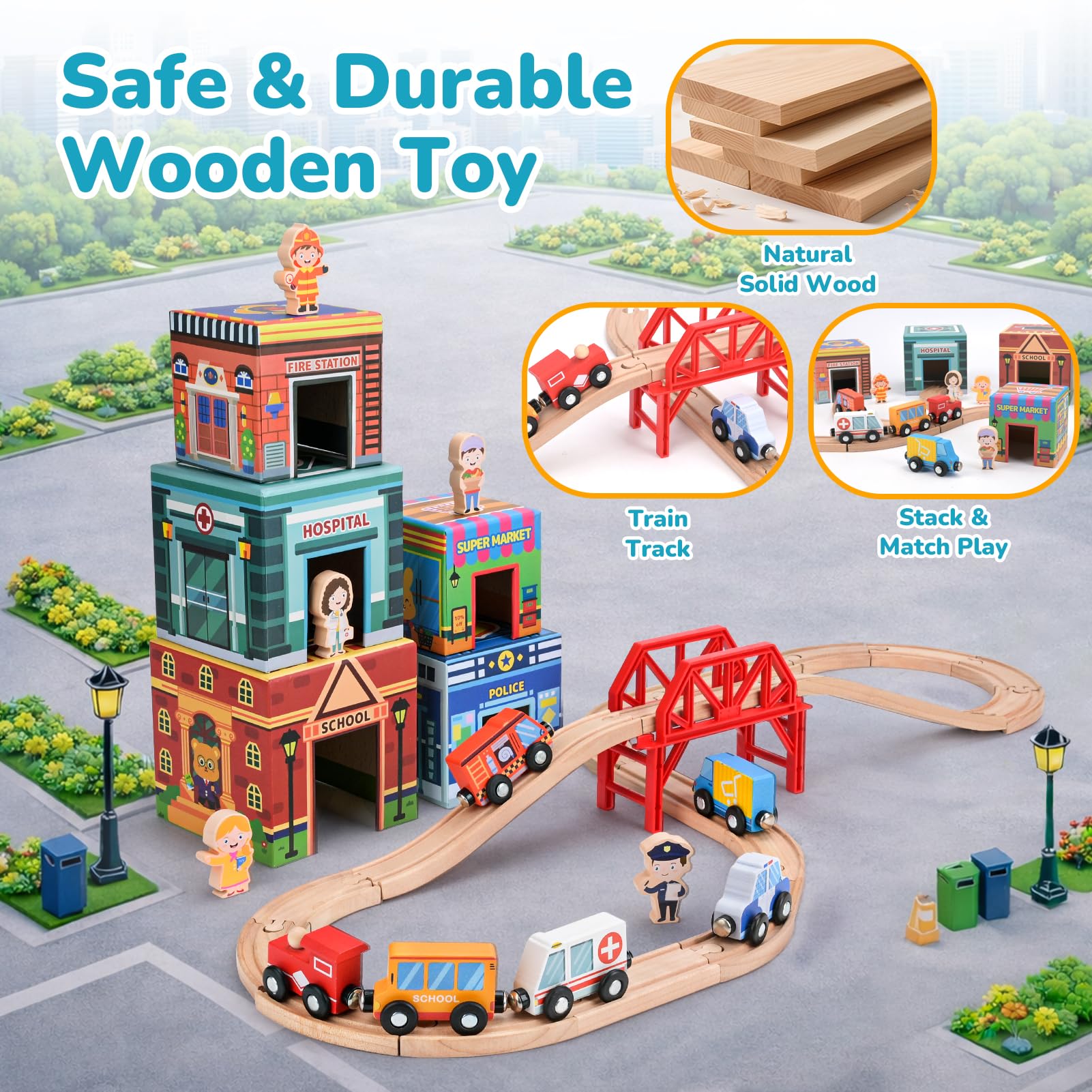 Dreamon 40 Pièces Set de Train en Bois Urbain pour Âges 3+, Rails de Train