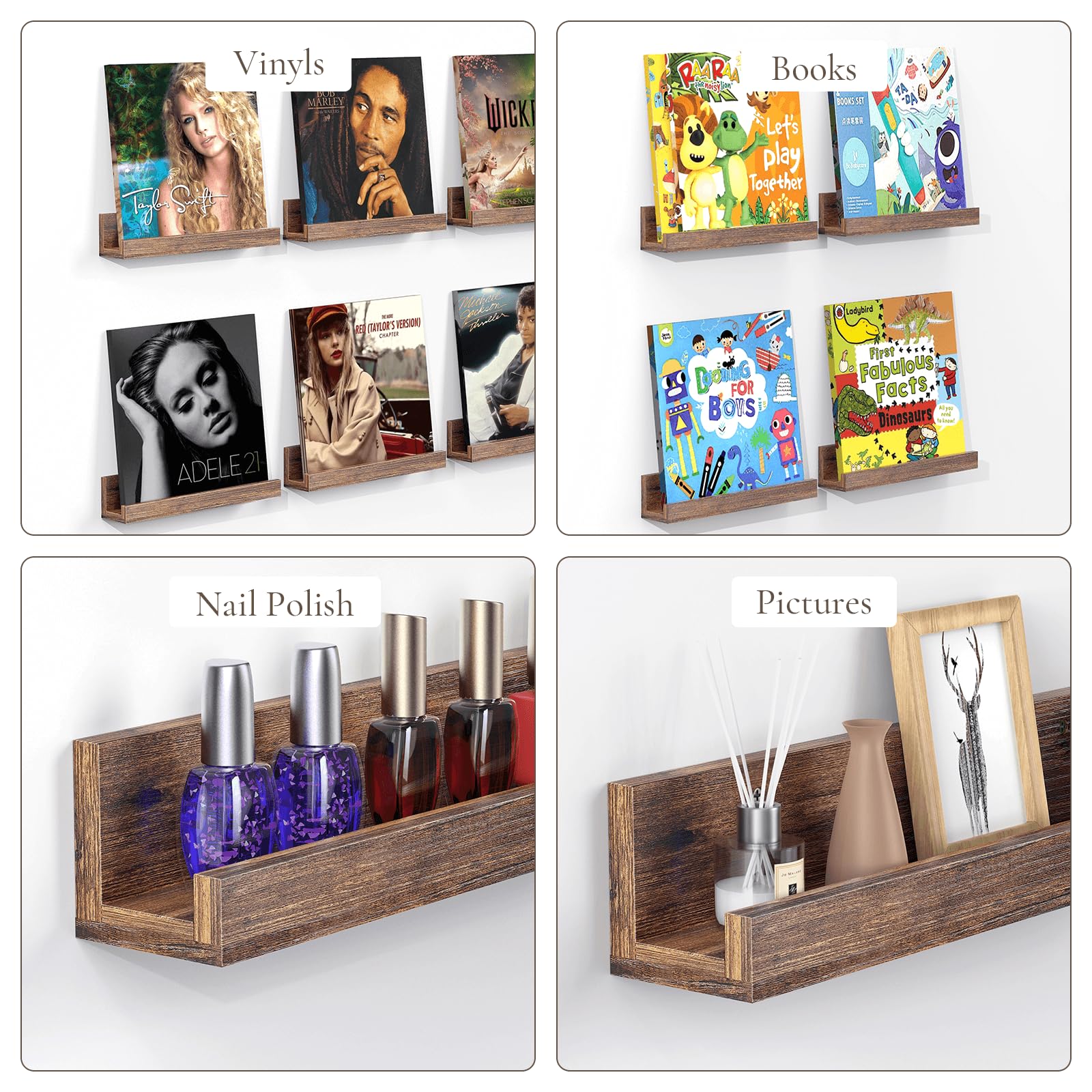 Mensola da parete per dischi in vinile, 30,5 cm, in legno, confezione da 6 mensole galleggianti per parete, portariviste, libreria per bambini, per camera da letto, soggiorno, marrone rustico