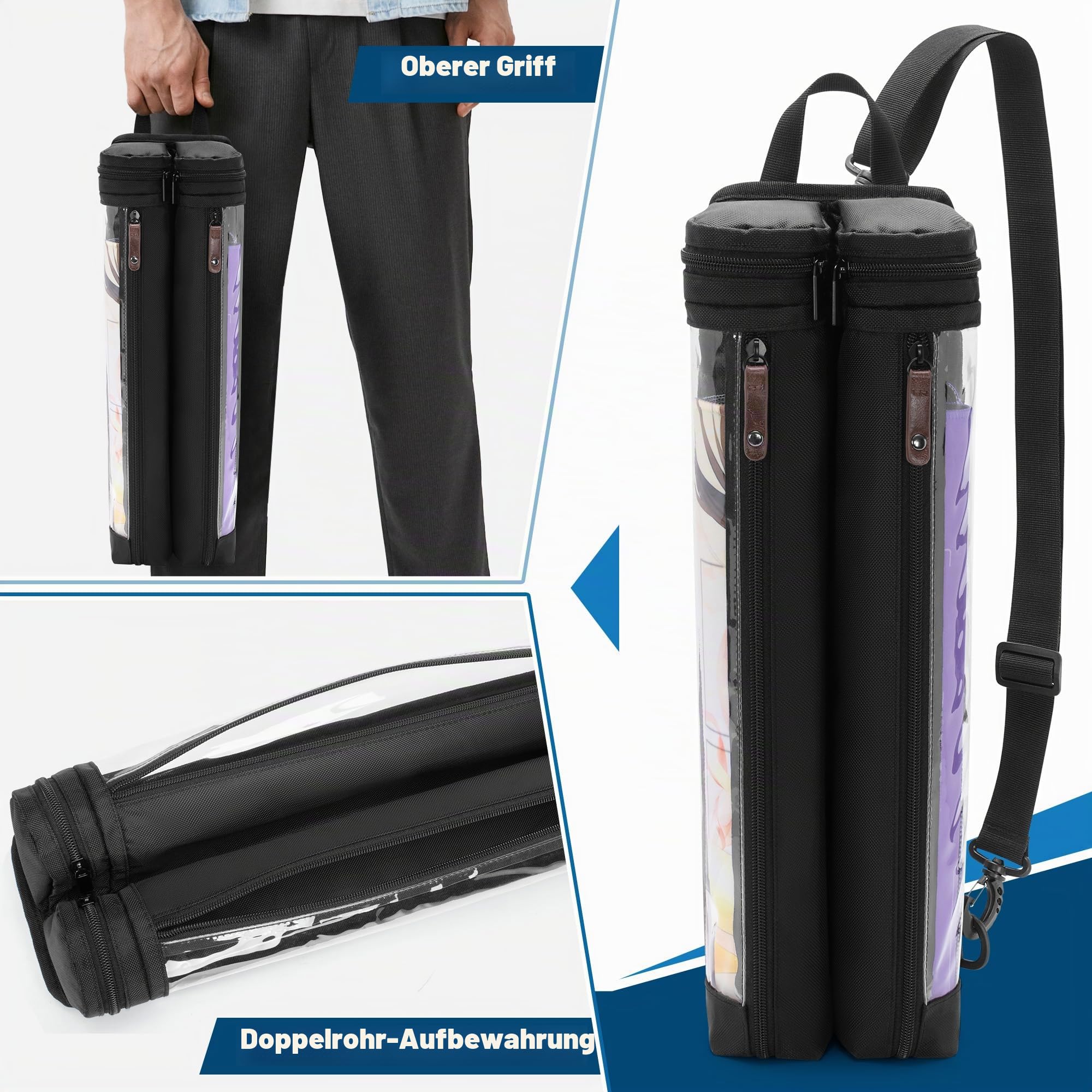 Rexmica Playmat Tube Case für 2 Stück, B 35,6 x L 61 cm, Spielmatte, Aufbewahrungsbehälter mit Stützscheibe, Würfelhalter und Schultergurt für TCG MTG Playmat