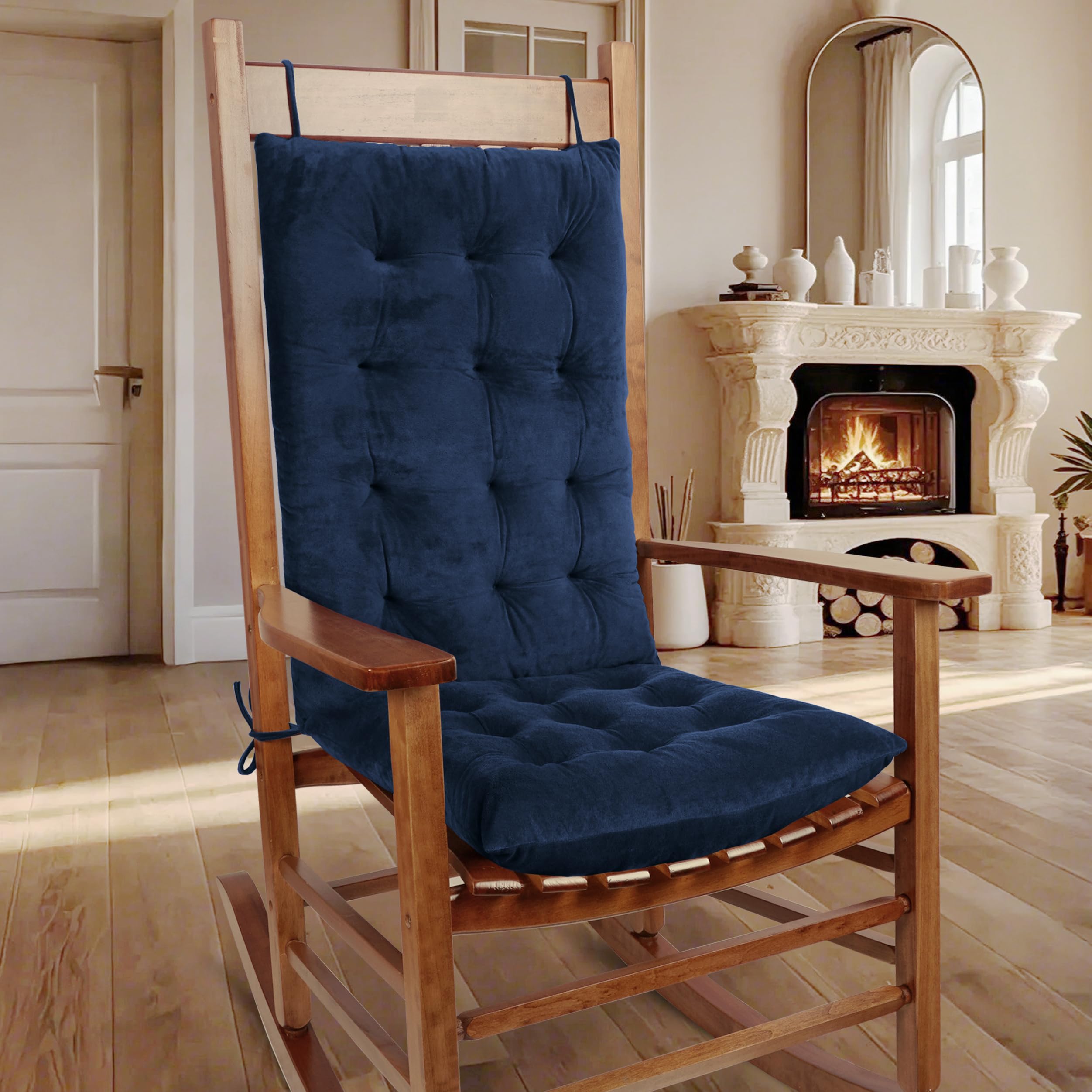 OVOV Thick Rocking Chair Cushion Warm Tufted Rocking Chair Pads Set of 2 with Ties High Back and Seat Cushion Suitable for Indoor Navy