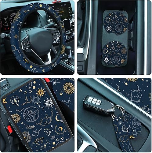 Miniatura 4 de Tallew 10 fundas de asiento de automóvil con sol y luna con funda para volante de automóvil, soporte para tazas, llavero, reposabrazos, almohadillas