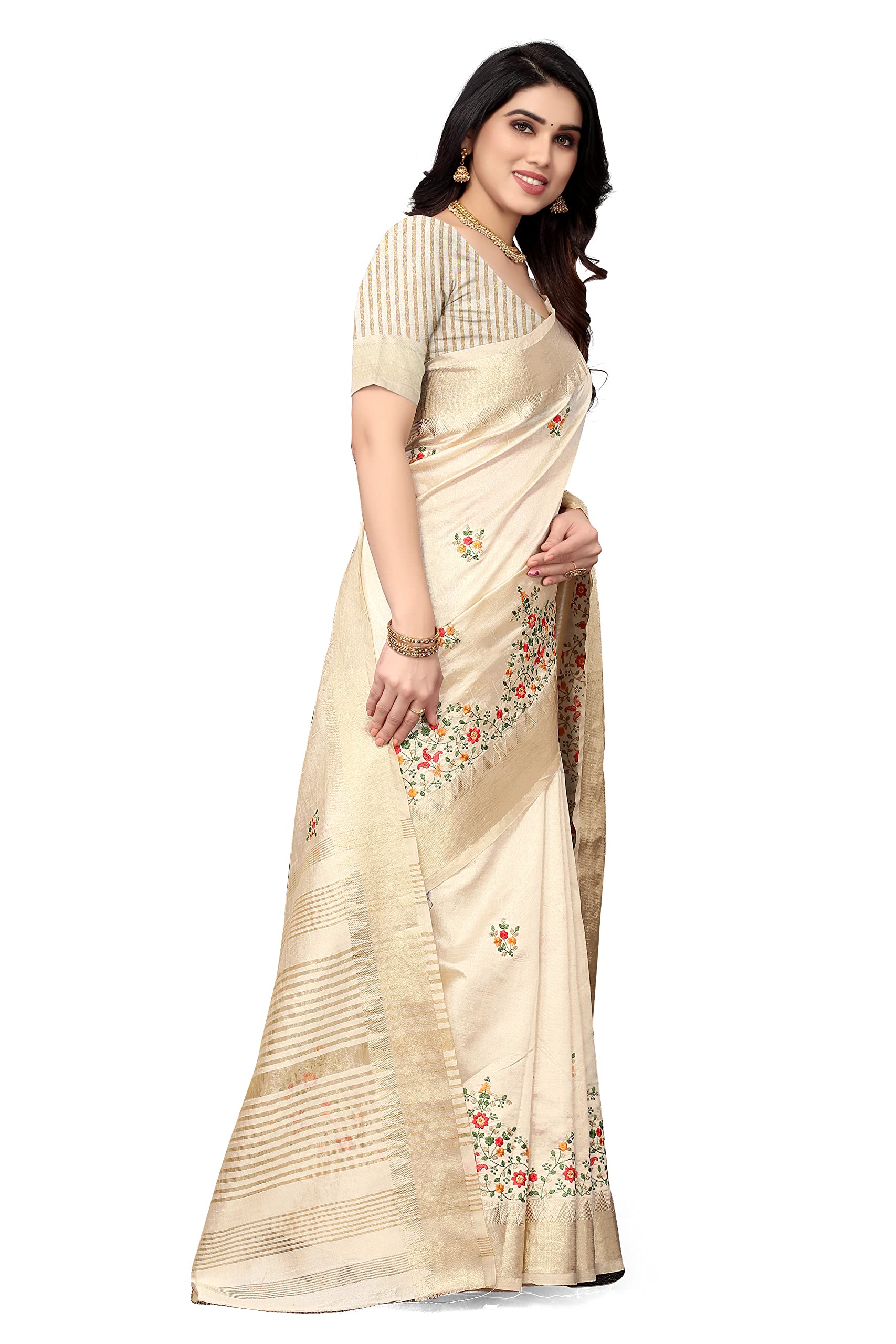 SERONA FABRICS Women's Assam Cotton Silk With Golden Border Thread Embroidered Work Saree With Blouse Piece - Image 3 thumbnail