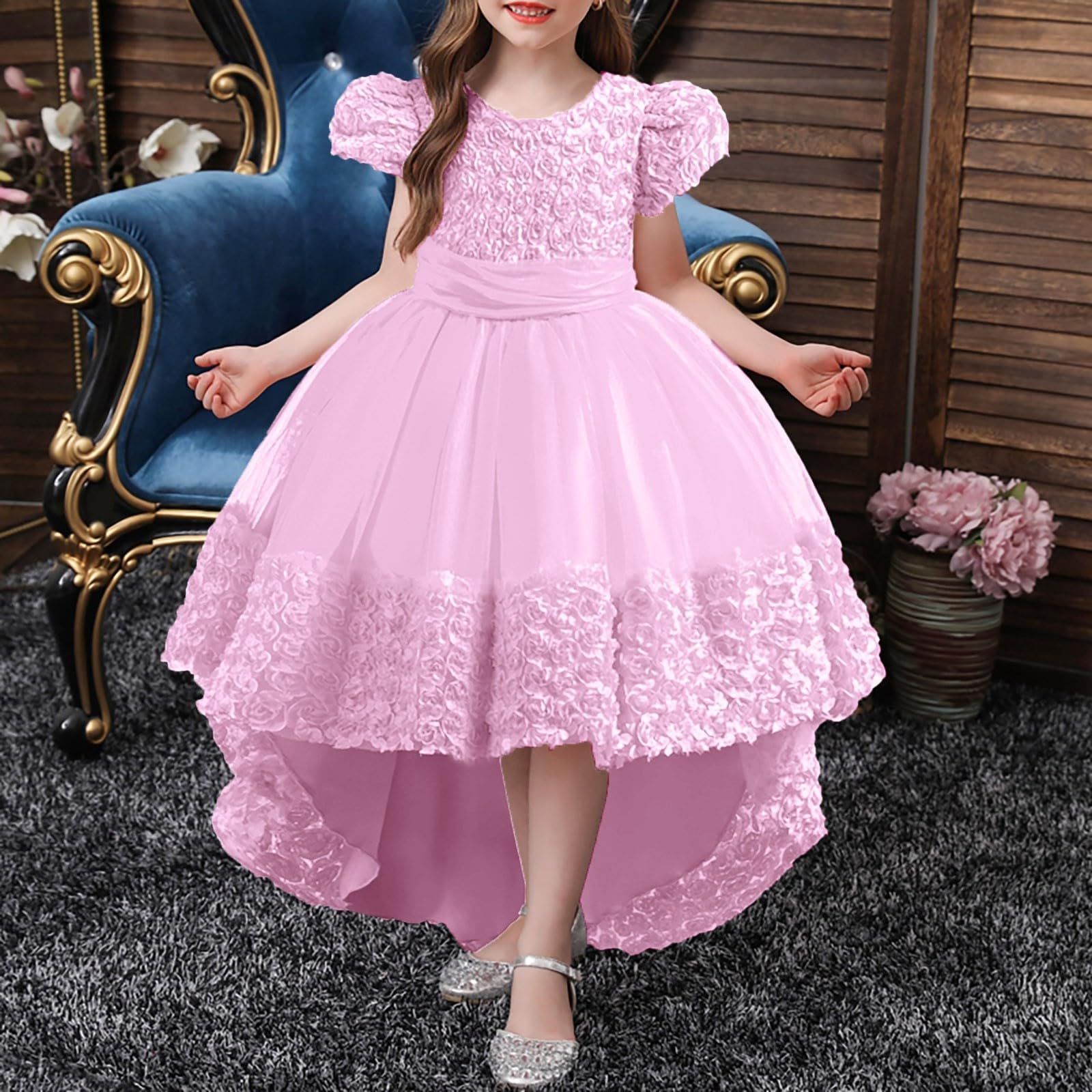 HLTYGWX Kleider für Mädchen, Rock, Mädchenkleider, Kleider für Blumenmädchen, Spitze, Hochzeit, Party, formelles langes Kleid